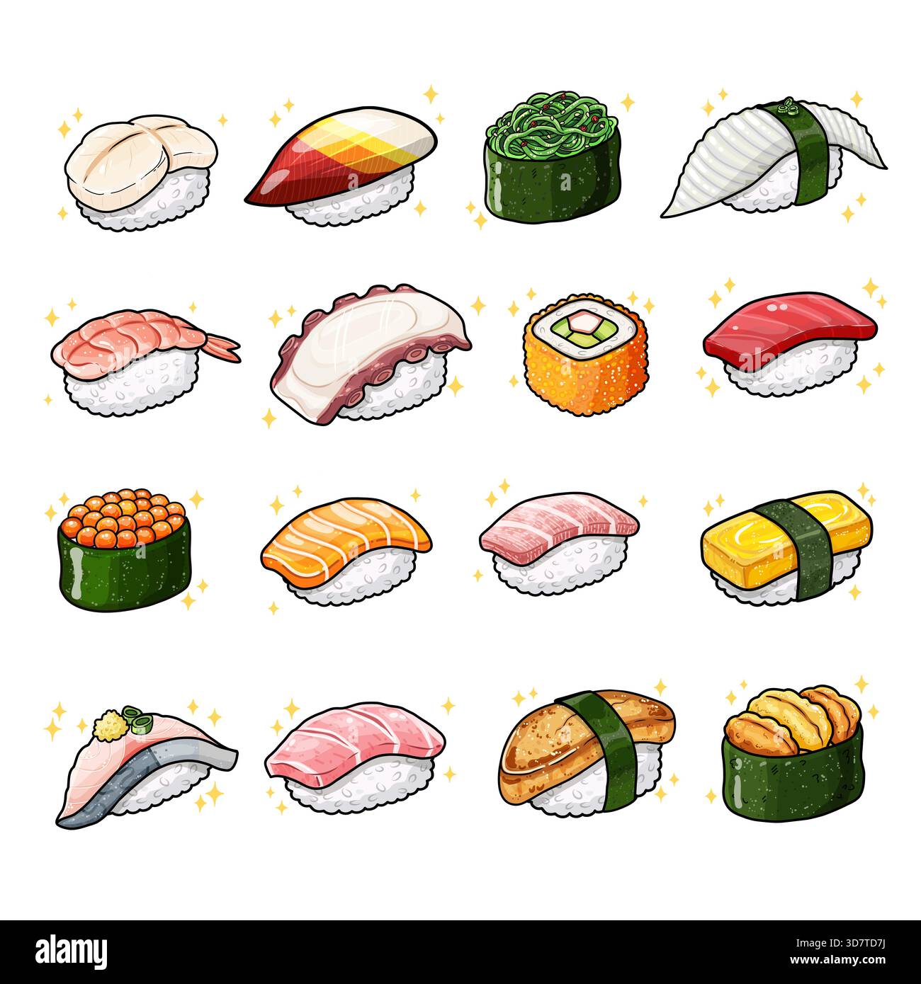 Carino set di illustrazioni vettoriali disegnate a mano di sushi e panini giapponesi scintillanti. Colori vivaci, stile manga. Perfetto per le icone del cibo, gli adesivi o il menu Illustrazione Vettoriale