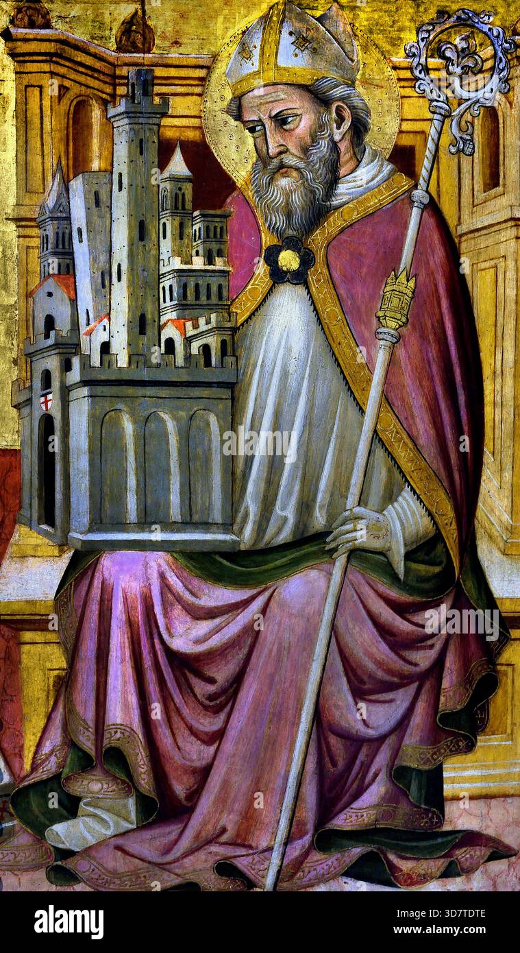 San Petronio, (Peter) il santo patrono di Bologna, detiene un modello della città come se egli è stato l'architetto. dettaglio della Vergine in trono fra i santi Girolamo, Petronio, Stefano, Domenico, Francesco e Agostino da Pietro Lianori 1428-1460 xv secolo, Italia, italiano. Foto Stock
