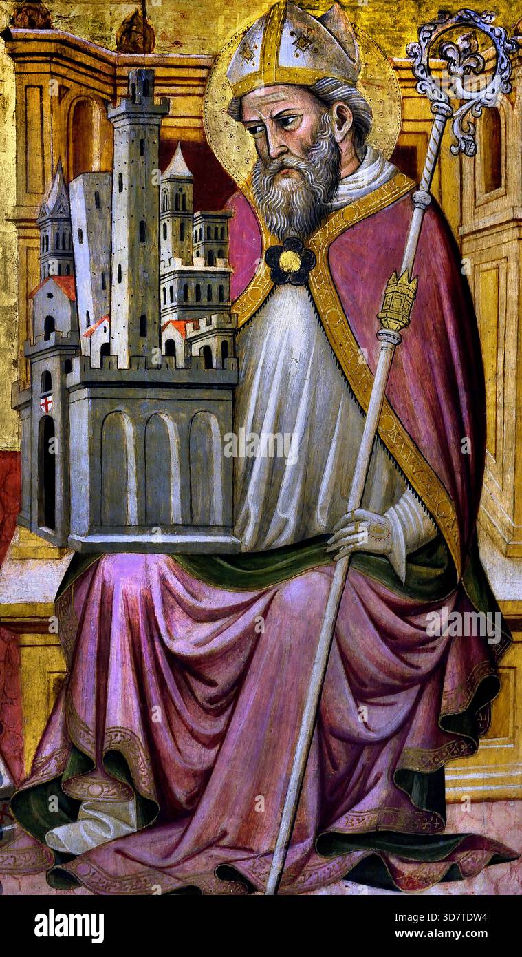 San Petronio, (Peter) il santo patrono di Bologna, detiene un modello della città come se egli è stato l'architetto. dettaglio della Vergine in trono fra i santi Girolamo, Petronio, Stefano, Domenico, Francesco e Agostino da Pietro Lianori 1428-1460 xv secolo, Italia, italiano. Foto Stock