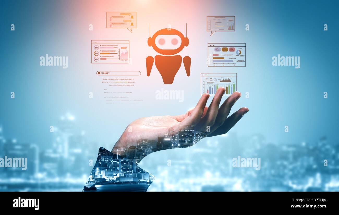 Assistente di intelligenza artificiale generativa per attività di analisi dei dati, comunicazione e codifica. Questo robot intelligente è in grado di elaborare richieste per generare informazioni e codice. Moti Foto Stock