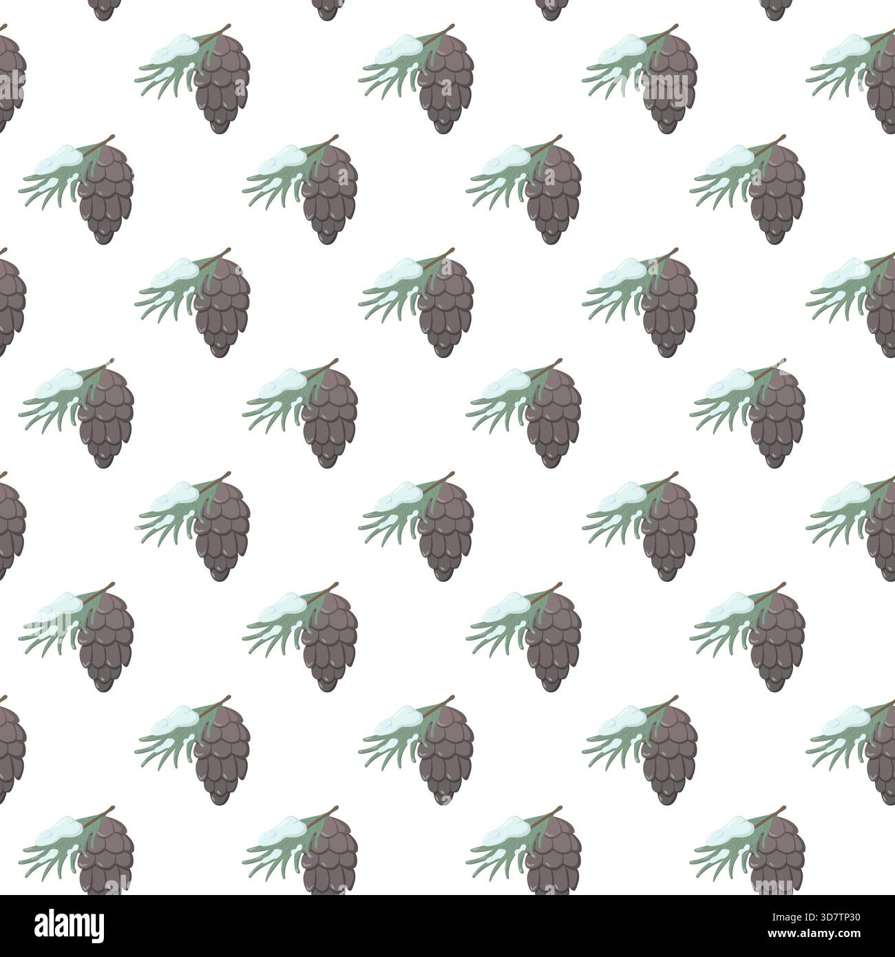 Motivo senza cuciture di coni di pino con aghi verdi e dettagli di neve su sfondo bianco. Design a tema invernale, ideale per la carta da imballaggio stagionale, textil Illustrazione Vettoriale