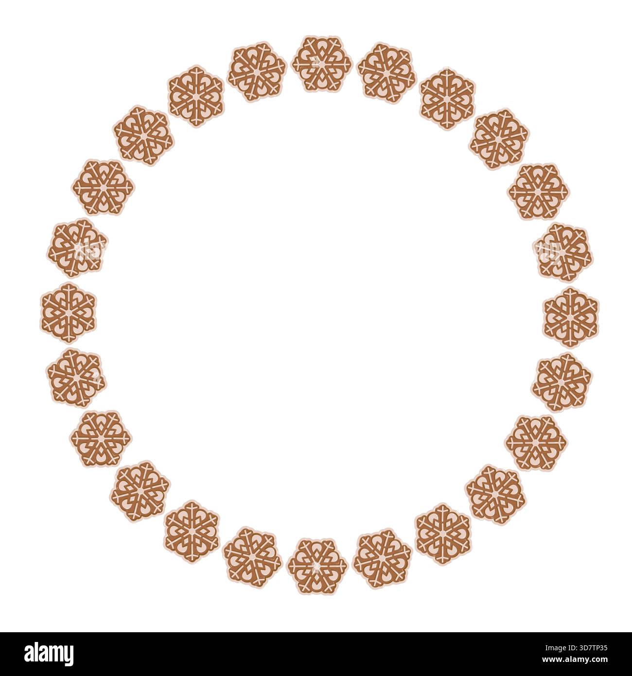 Telaio rotondo per biscotti con pan di zenzero realizzato con biscotti a forma di fiocco di neve su sfondo bianco. Illustrazione natalizia perfetta per biglietti e inviti Illustrazione Vettoriale