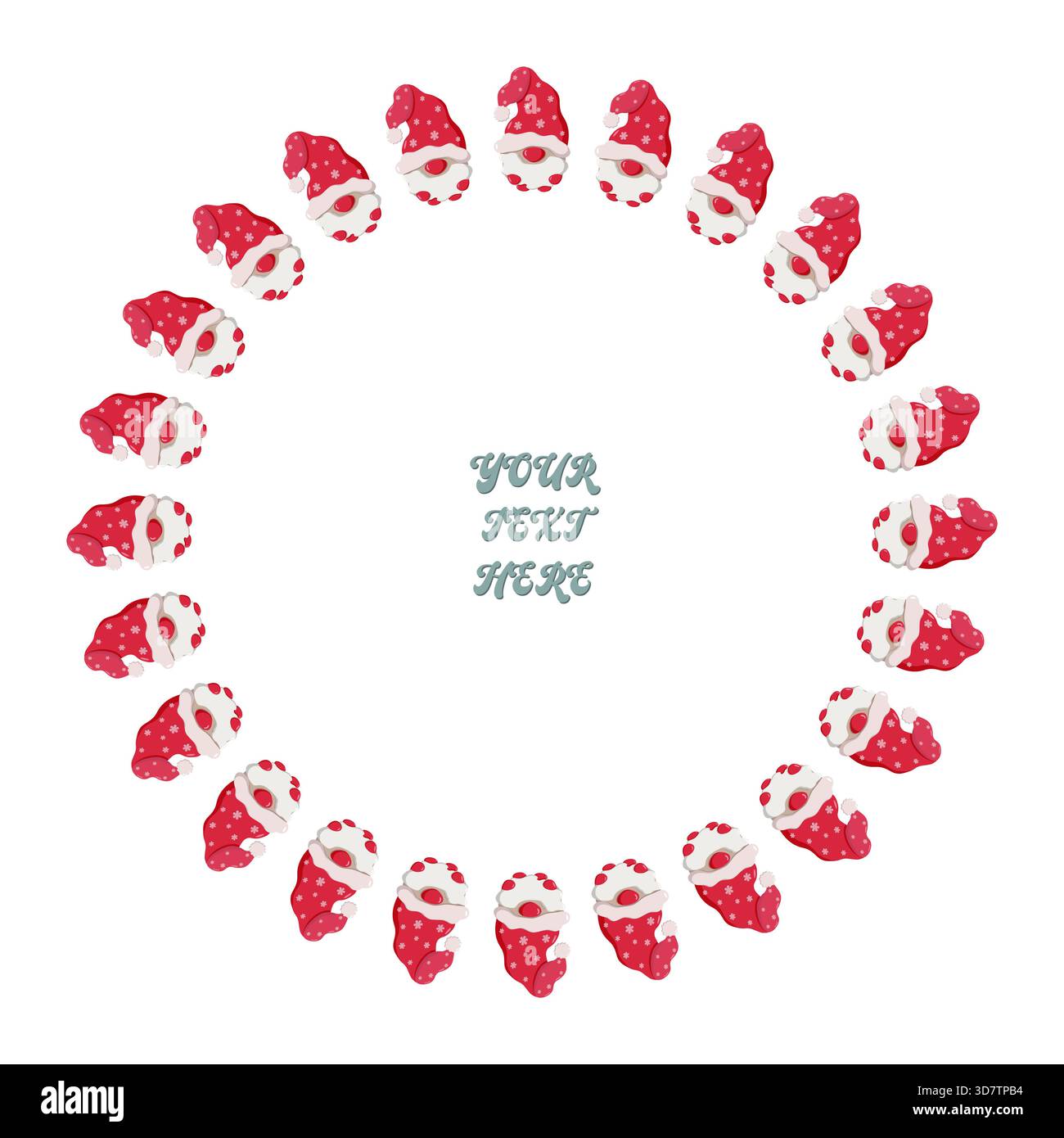 Corona di Natale realizzata con graziosi gnomi di Babbo Natale in cappelli rossi con spazio di testo modificabile al centro. Cornice per le festività natalizie per biglietti d'auguri e poster Illustrazione Vettoriale