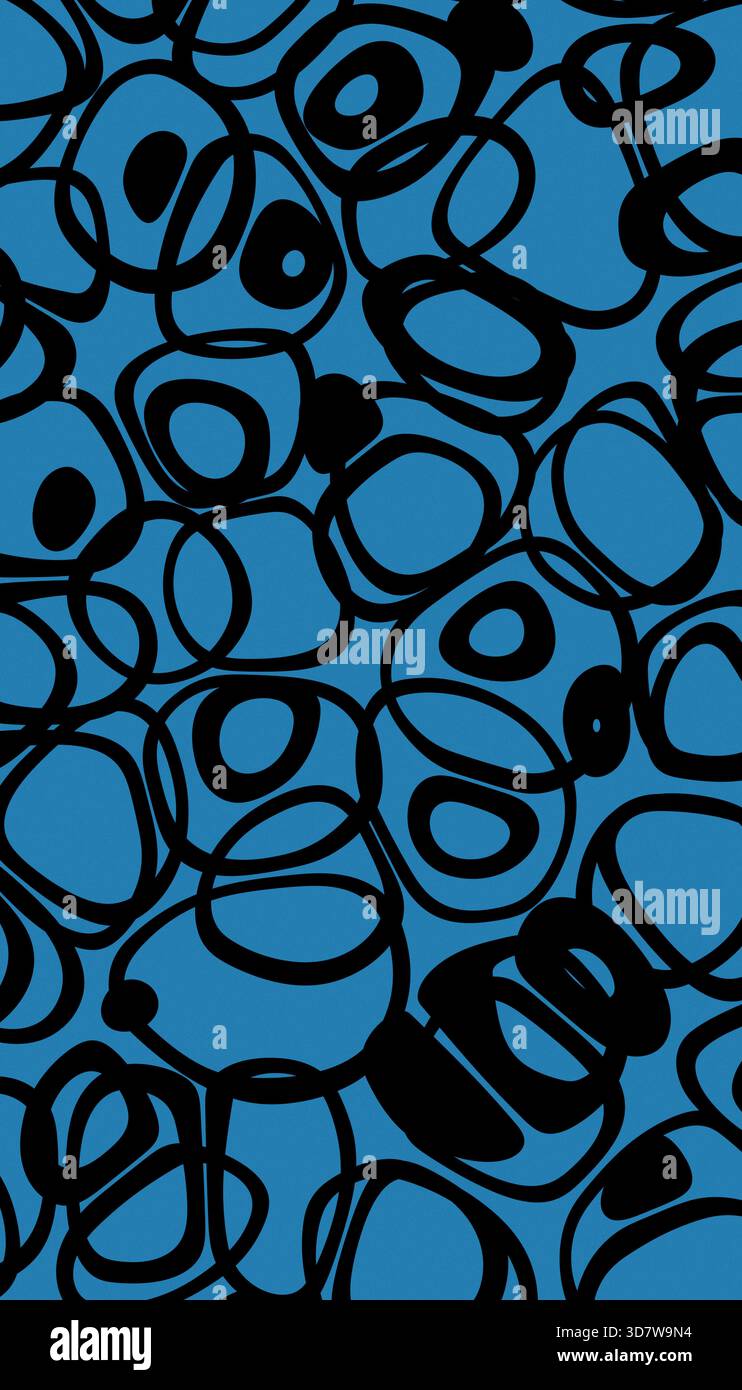 Scarabocchi circolari neri astratti su sfondo blu brillante illustrazione, rendering Foto Stock