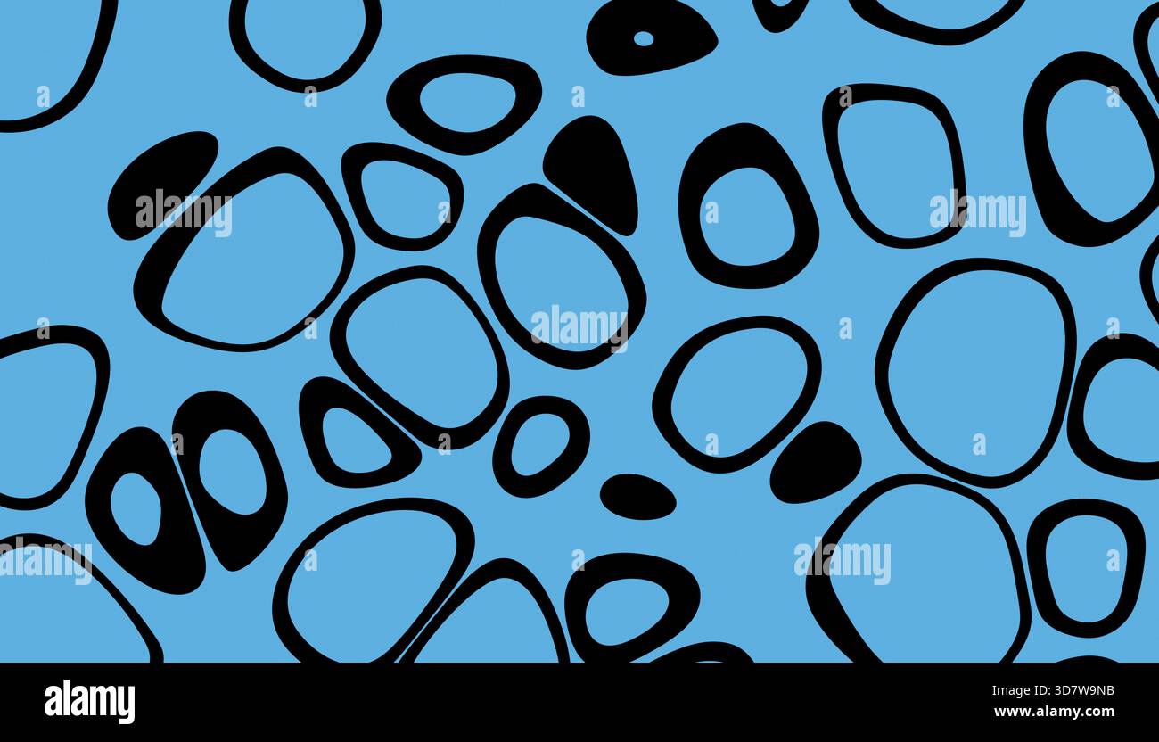 I cerchi neri astratti su sfondo blu creano un design moderno e minimalista. Illustrazione, rendering Foto Stock