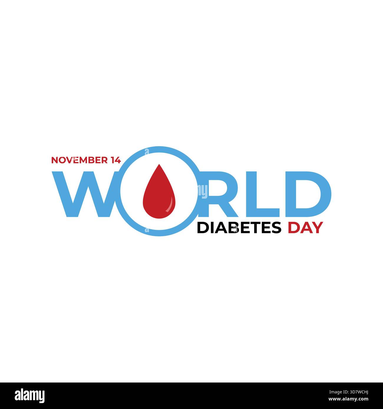 Design vettoriale minimalista per la giornata mondiale del diabete con il simbolo del cerchio blu globale contenente una goccia di sangue rossa. Un layout pulito e professionale Illustrazione Vettoriale