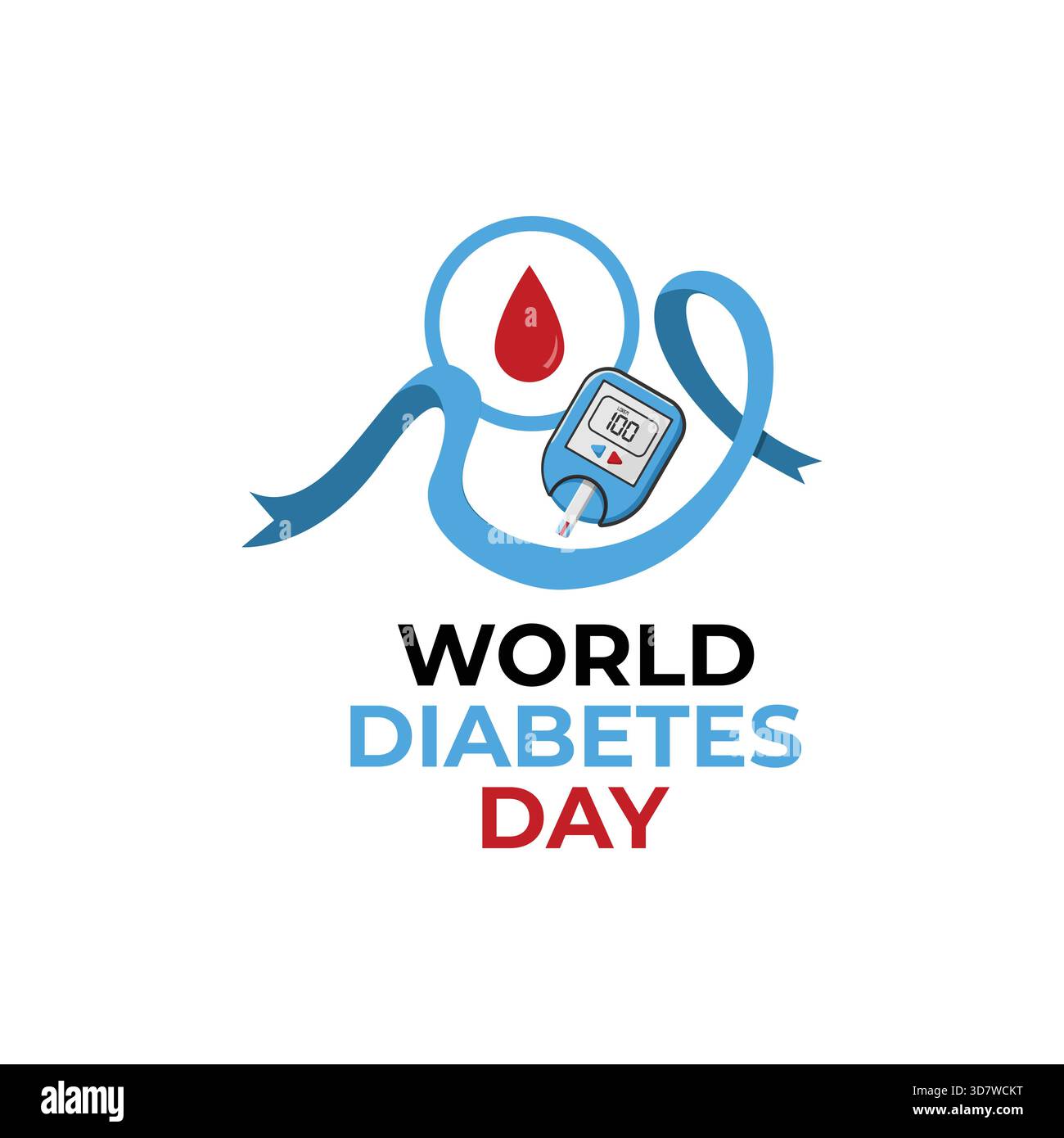 Design completo per la giornata mondiale del diabete con un glucometro digitale (glucometro), un nastro blu che scorre e un simbolo di goccia di sangue. Illustrazione Vettoriale