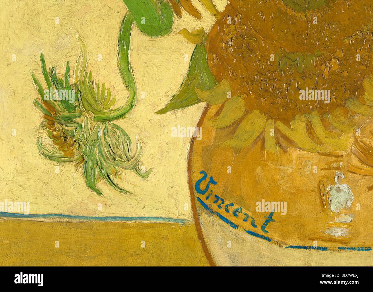 Girasoli (dettaglio), 1888 olio su tela dell'artista post-impressionista olandese Vincent van Gogh (1853-1890) che mostra il primo piano di girasole eseguito con audaci pennellate impasto in un semplice vaso in gres con la firma dell'artista. Vedere l'immagine 3D7WEY3 per la pittura completa. Foto Stock
