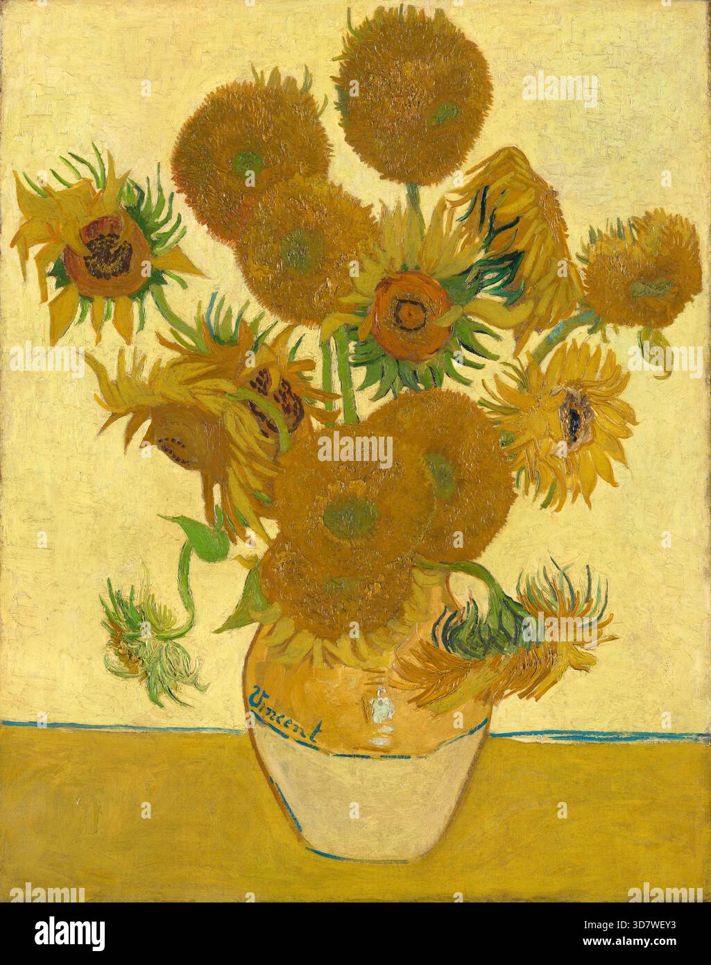 Girasoli, 1888 olio su tela dell'artista post-impressionista olandese Vincent van Gogh (1853-1890) che mostra quindici girasoli in varie fasi di fioritura e decadenza in un vaso di terracotta giallo su uno sfondo giallo luminoso, eseguito con audaci pennellate impasto e gialli cromati non miscelati in preparazione della visita di Paul Gauguin alla Casa gialla di Arles. Foto Stock