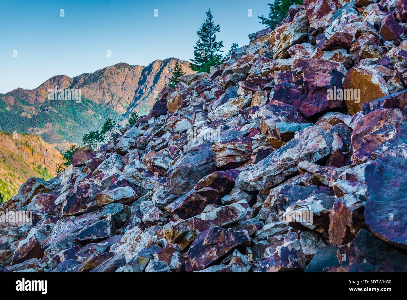 Pile di rocce colorate ricche di minerali con sfumature viola rosso e arancione sullo sfondo delle montagne sul Lake Blanche Trail Utah Foto Stock