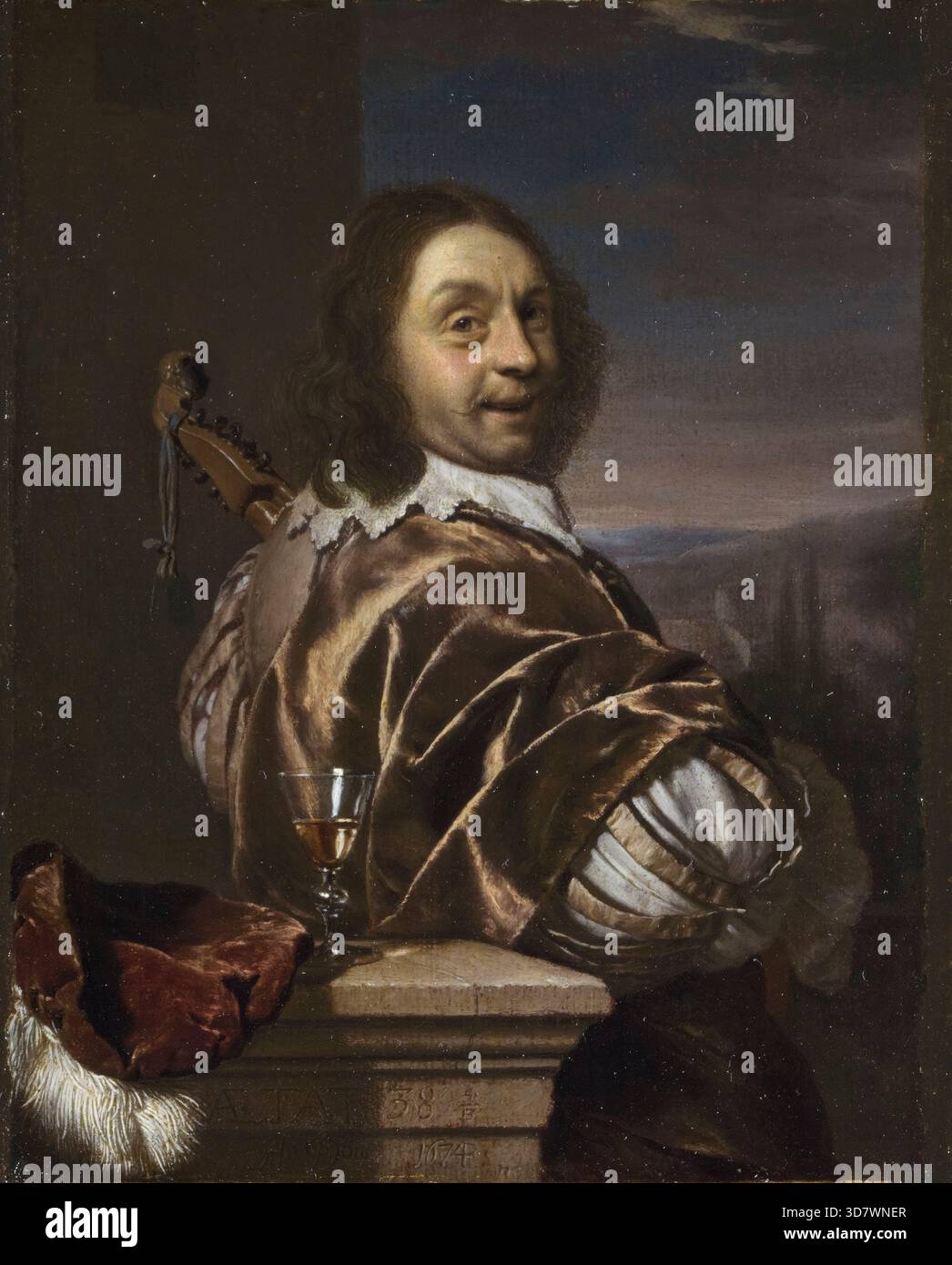 Frans van Mieris il Vecchio (1635-1681), Autoritratto dell'artista con una Citterna, pittura ad olio su tela, 1674 Foto Stock