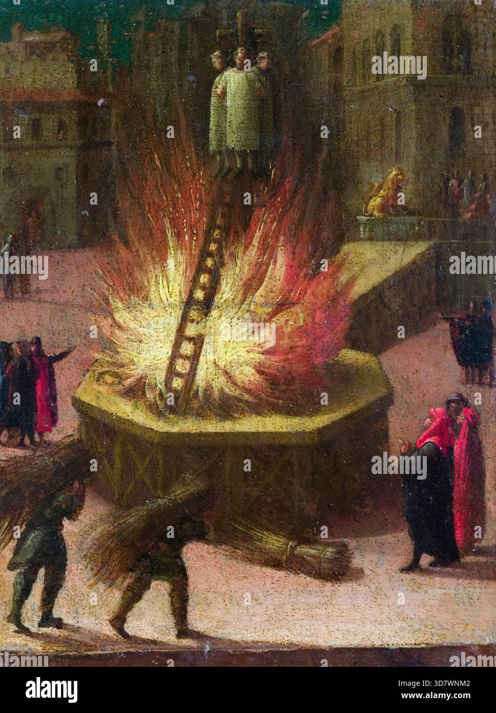 L'esecuzione del frate domenicano Girolamo Savonarola (1452-1498) e dei suoi due colleghi fra Domenico da Pescia e fra Silvestro Maruffi il 23 maggio 1498, pittura ad olio su legno di un artista della Scuola Italiana, 1500-1540 Foto Stock