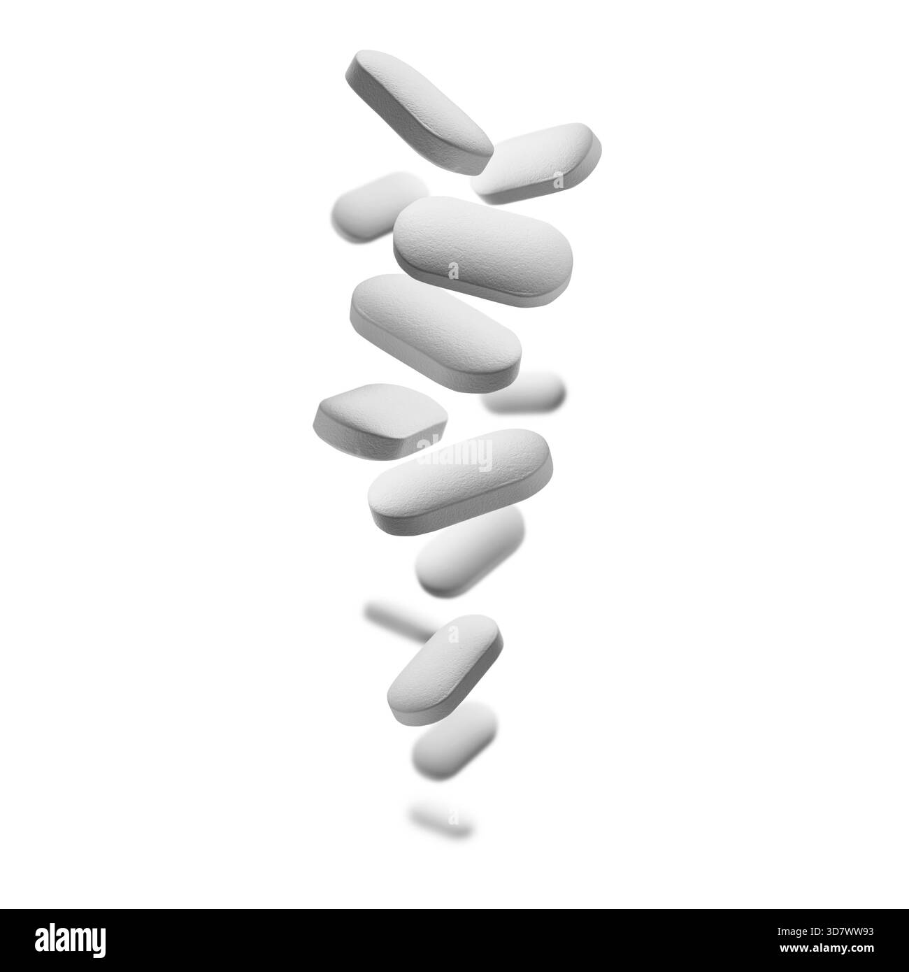 Le compresse bianche si levitano su sfondo bianco. Foto Stock