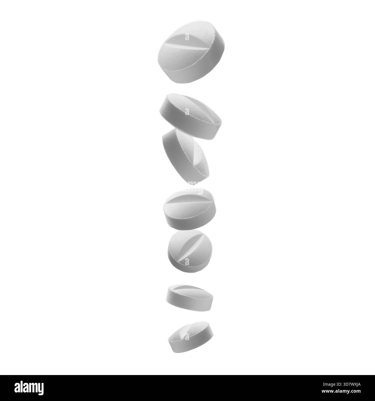 Le compresse rotonde bianche si levitano su sfondo bianco. Foto Stock