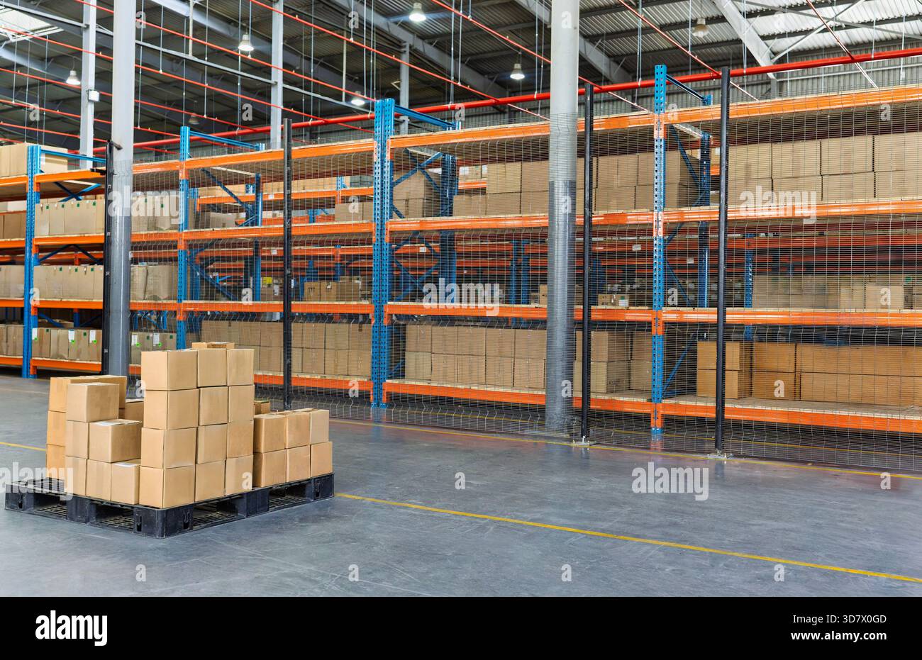 scaffalatura di scaffali industriali, scatole di cartone su pallet, centro di distribuzione magazzino, stoccaggio per produttore Foto Stock