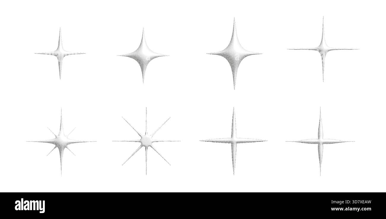 Set di stelle sgranate scintillanti con bagliore morbido e texture a mezzitoni. Raffiche di luce minime e dettagli luminosi per un arredo e dettagli grafici puliti Illustrazione Vettoriale