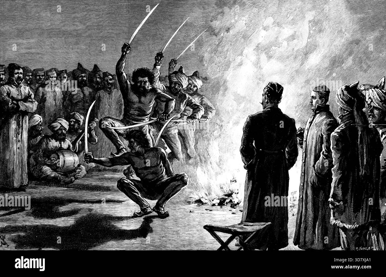 Pathan danza con la spada davanti al principe Alberto Vittorio al campo di cavalleria, Muridki, India, 1890. I Pathan sono alpinisti delle catene di Suliman sulla frontiera nord-occidentale dell'India, una razza bellica, che fornisce molte reclute ai reggimenti di cavalleria irregolare nel Punjaub. Quando il principe Alberto Vittorio del Galles, il 29 gennaio, fu ospite del comandante in capo dell'esercito indiano, il generale Sir Frederick Roberts, nel campo di cavalleria di Muridki, sua altezza reale assistette a una mostra della danza selvaggia della spada che questi uomini amano esibirsi di notte, alla luce di un incendio che brucia a terra Foto Stock