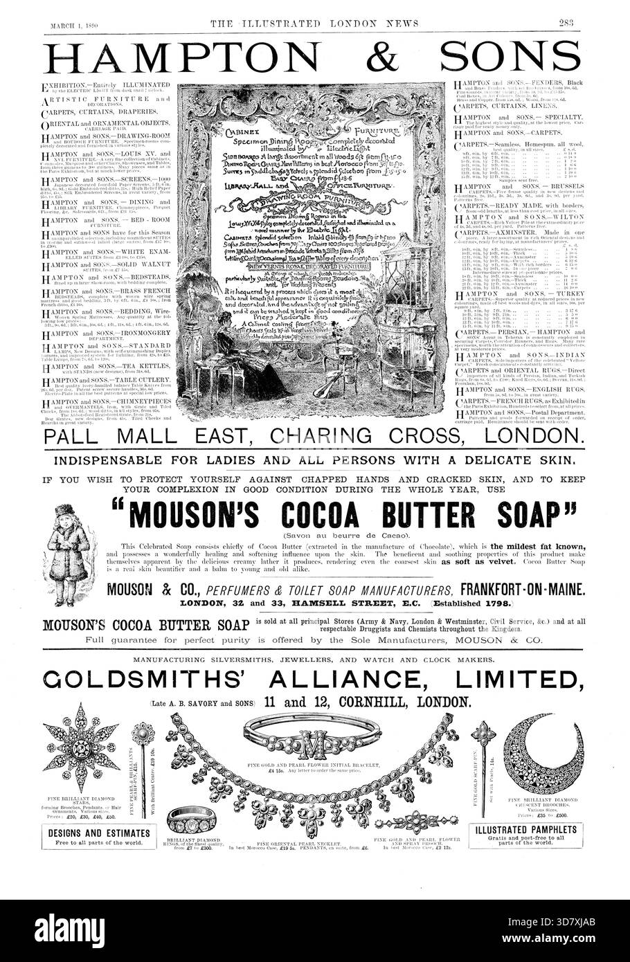 Pagina di annunci, 1890. 'HAMPTON & amp; SONS - mobili da gabinetto - Biblioteca, mobili da sala e ufficio - mobili nuovi Vernis Royal Decorated...INDISPENSABILI PER LE SIGNORE E PER TUTTE LE PERSONE CON Una PELLE DELICATA, SE DESIDERATE PROTEGGERVI DALLE MANI SCREPOLATE E DALLA PELLE SCREPOLATA E PER MANTENERE LA VOSTRA CARNAGIONE IN BUONE CONDIZIONI DURANTE TUTTO L'ANNO, USATE il SAPONE "MOUSON'S CACAO'S COCOA BUTTER" (Savon au beurre de CACAO). Questo celebre sapone consiste principalmente di burro di cacao (estratto nella fabbricazione del cioccolato), che è il grasso più mite conosciuto, e possiede una meravigliosa guarigione e ammorbidimento Foto Stock