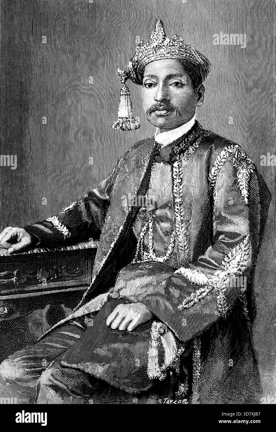 Il Rajah di Bhinga, Oude, 1890. Incisione da una fotografia dei signori G. W. Laurie e Co. 'Il Rajah era... specialmente concepito per intrattenere il Principe Alberto Vittorio... al Kaiser Bagh, Lucknow. [Lui] è uno dei pochi indù ortodossi che mantengono il reale bisogno di...il miglioramento sociale del popolo...non ha alcuna simpatia con gli agitatori invadenti, con la loro sottile impiallacciatura di educazione inglese, i loro principi sciolti e la voglia di riverenza per il passato; e riconosce pienamente il fatto importante che l'India non è una nazione, ma una collezione di popoli di diverse razze, credi e interessi, Foto Stock
