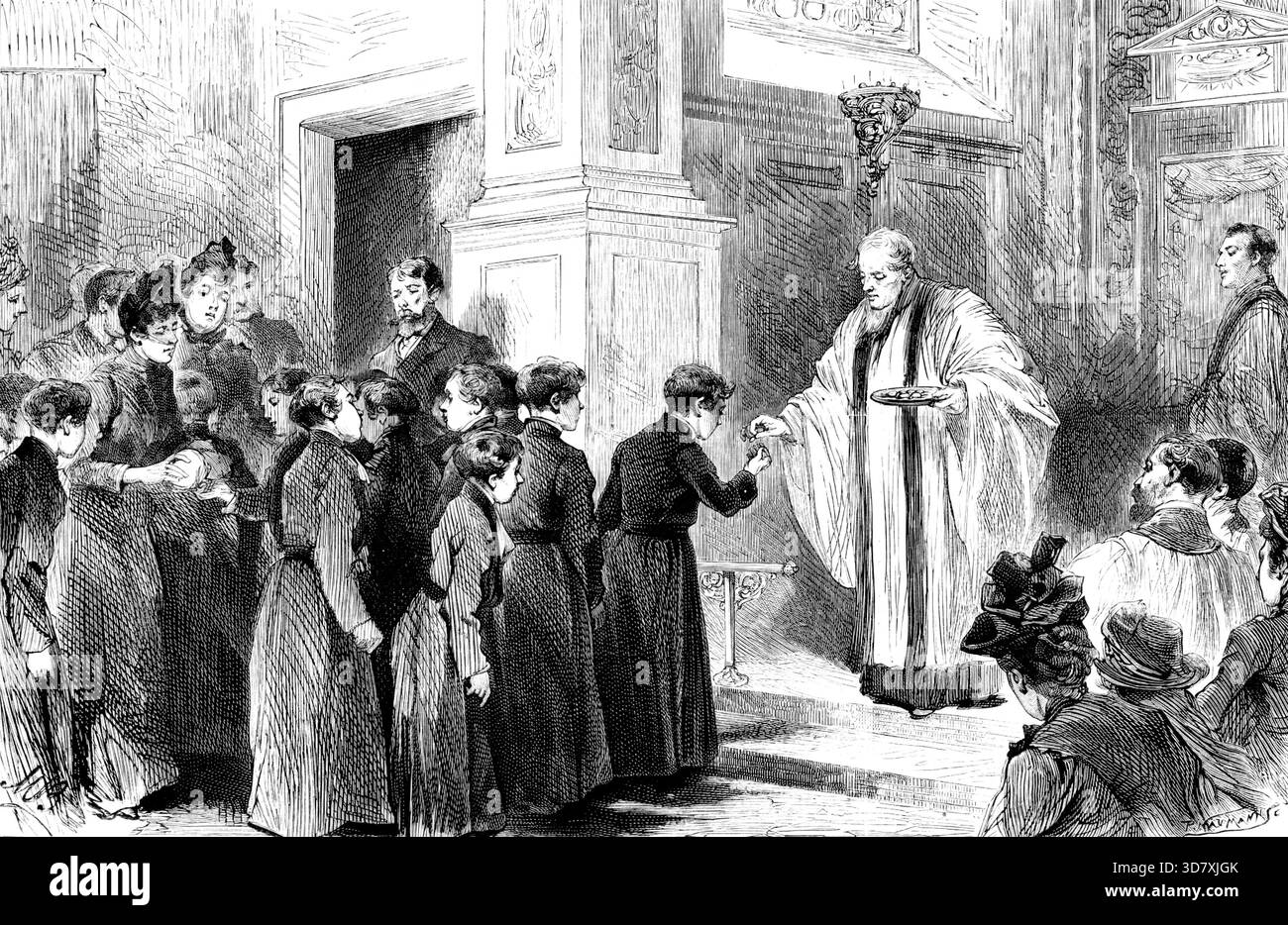 Curiosa usanza pasquale in una chiesa cittadina, Allhallows, strada lombarda: Regali all'ospedale di Cristo ragazzi, 1890. "Un mercante di Londra nel regno della regina Elisabetta, Peter Symondes, mercer, per sua volontà e testamento nel 1586, fece un lascito in fiducia alla Mercers' Company, di cui &#xa3;3 2s. 8d., che forse valeva &#xa3;30 ai nostri giorni, doveva essere pagato annualmente ai Parson e ai Churchwarden di Allhallows o tutti i Santi. La metà di questi soldi doveva essere data il venerdì Santo a tre figli dell'ospedale di Cristo, che sarebbero venuti quella mattina per riceverli nel coro della chiesa. BES Foto Stock