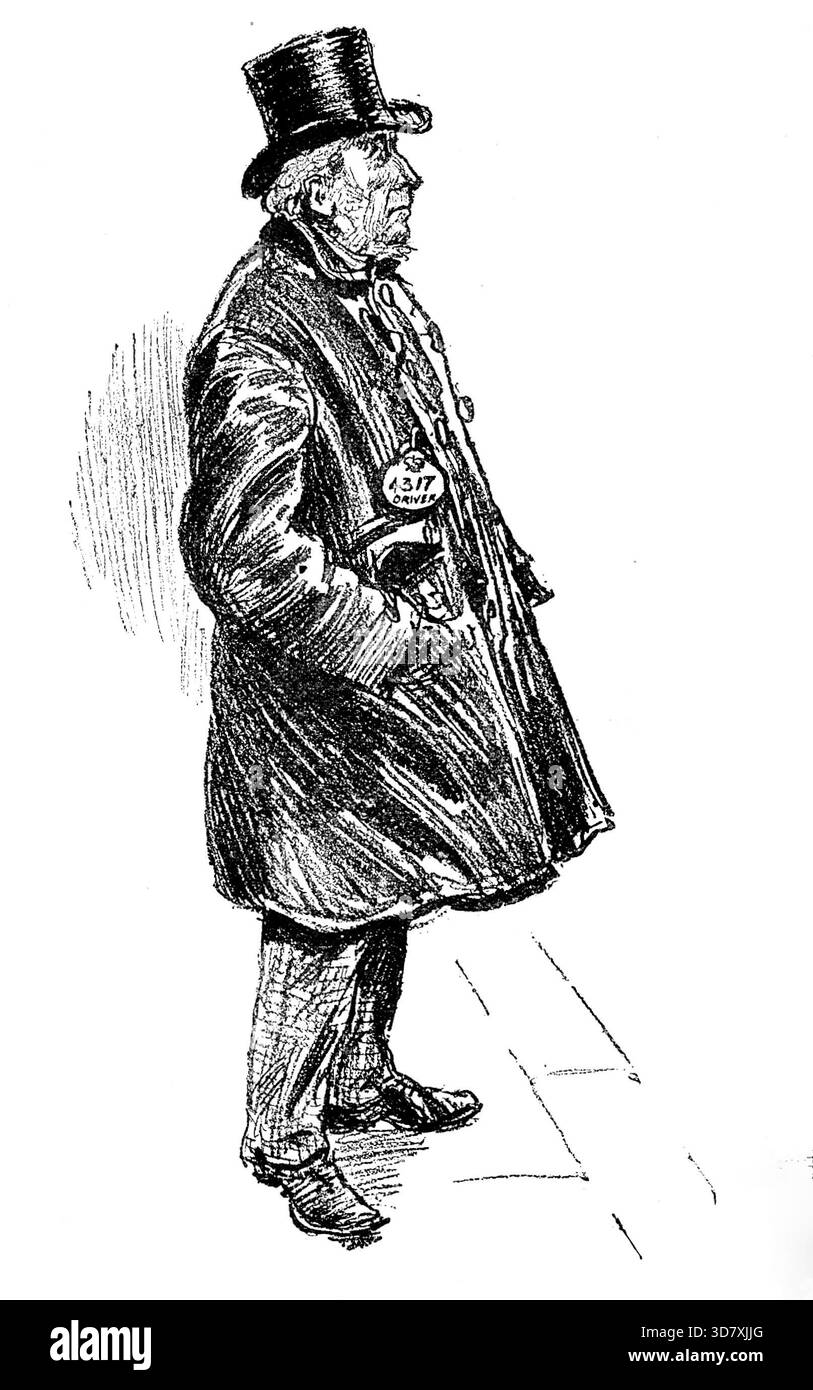 Sketches of London Cabs and Cabmen: One of the Old School, 1890. 'I soggetti degli schizzi del nostro artista sono tipi familiari di oggetti comuni nel mondo di strada di Londra... bisogna, infatti, dubitare che "uno della Old School", il venerabile Jarvey ritratto [qui], ricorda uno dei suoi compagni, all'inizio del regno della Regina, sputando "Childe Harold" o "Marmion" dal sedile sopraelevato di fronte al taxi. Per tornare più indietro, alcuni di noi possono, forse, ricordare i pesanti carrozze hackney a due orme di un periodo precedente, e i "Flys" che l Foto Stock