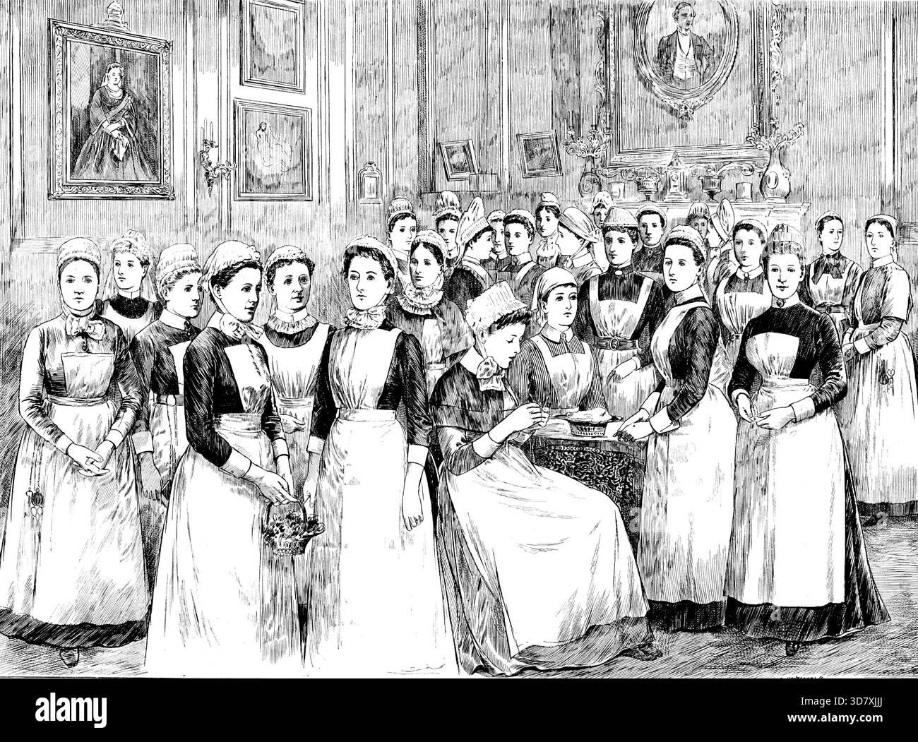 Bambola infermiere al Bazaar per il nuovo ospedale per le donne, Euston Road, 1890. "Il nuovo ospedale per le donne, a Euston-Road, di fronte alla chiesa di St. Pancras, è un'istituzione benefica, per migliorare i fondi di cui un Grand Bazaar and Doll Show è stato aperto da Lady Salisbury, moglie del primo Ministro, martedì 29 aprile, nell'edificio dell'ospedale. Fu accompagnata da Lady Stanley di Alderley e da diverse signore indiane, e fu ricevuta dal Rev. J. Llewellyn Davies e dal comitato. Tra le donne che presiedevano le bancarelle, quattordici in numero, c'era la marchesa di Tweeddale. Contessa Ru Foto Stock