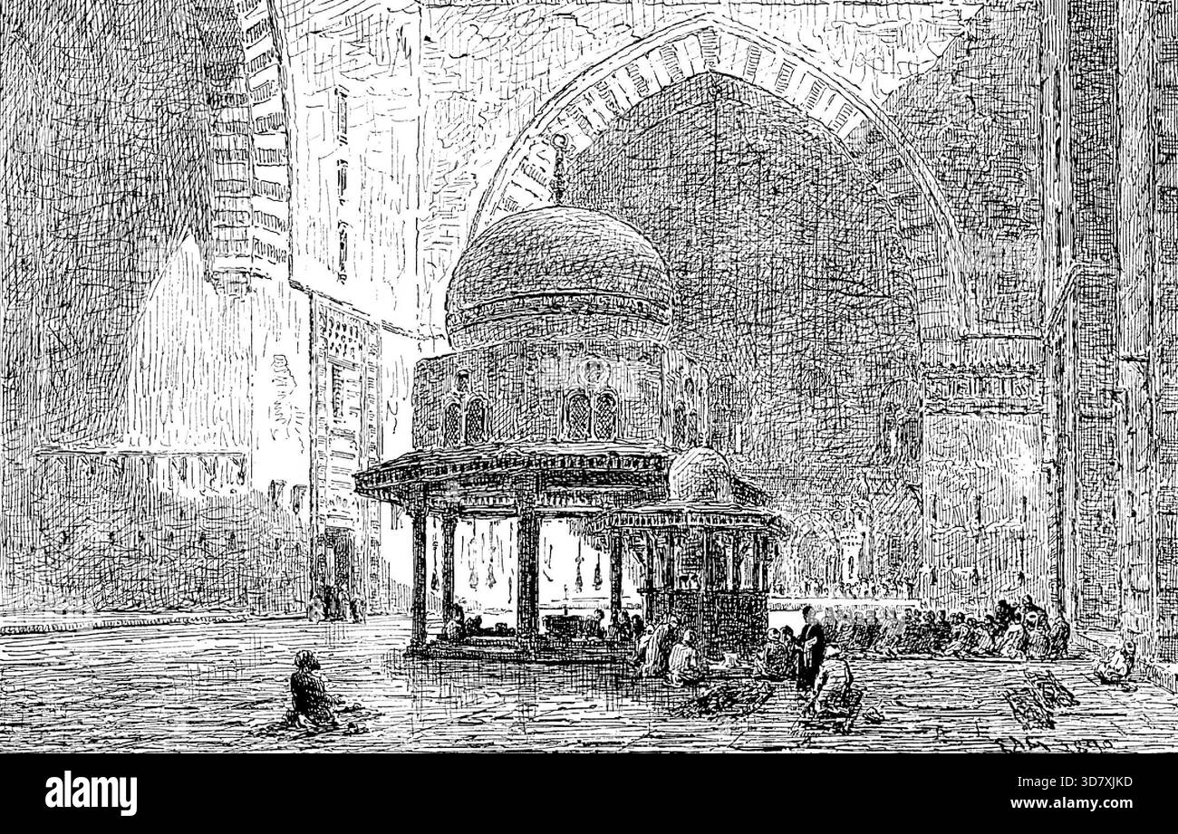 Royal Society of Painters in Water Colours: "Interior of the Mosque of Sultan Hassan, Cairo" - E. A. Goodall, 1890. Incisione di un dipinto. "La scorsa settimana abbiamo fatto riferimento alle affermazioni di diverse opere per essere notate in modo particolare, e siamo quindi lieti di portare alcune delle più importanti più distintamente davanti ai nostri lettori. "Interior of the Mosque of Sultan Hassan, Cairo" di E. A. Goodall è una rappresentazione solenne di uno dei monumenti meglio conservati della capitale dell'Egitto. L'architettura, completamente saracenica, è vista al meglio, attraverso il ricco ammorbidimento Foto Stock
