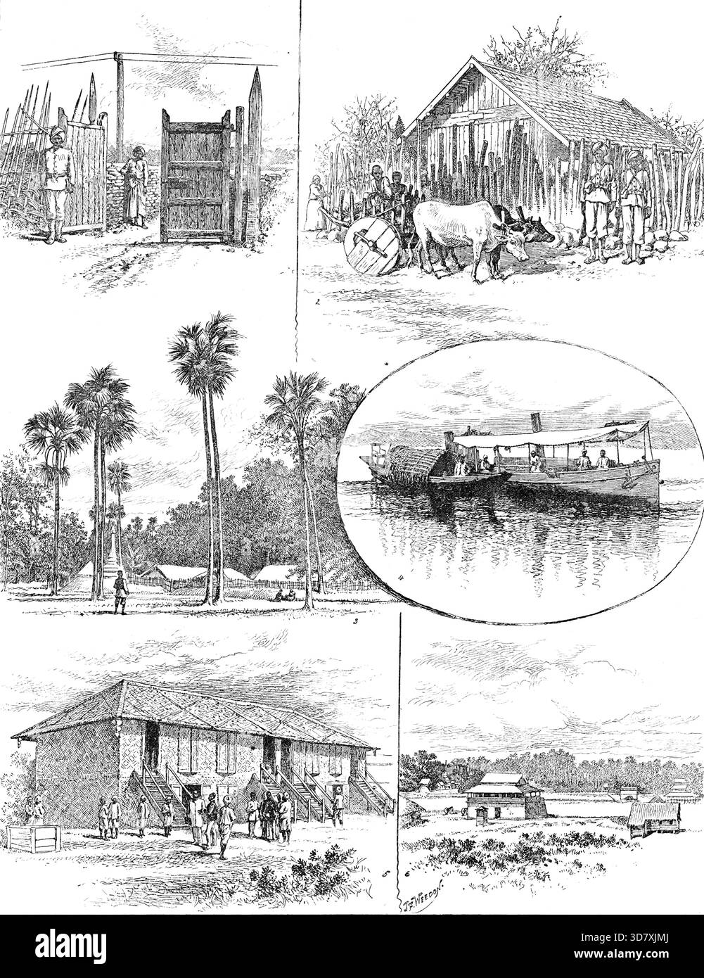 Bozzetti della polizia militare birmana, 1890. « 1. Ingresso a una scorta della polizia. 2. Un posto di guardia della polizia sulle colline. 3) un avamposto della polizia militare. 4) un lancio della polizia. 5) un ospedale di polizia militare. 6. Una prigione birmana, sorvegliata dalla polizia militare...[Scene nell'alta Burmah,] l'ultima provincia acquisita dell'Impero indiano britannico... la polizia militare, non consiste in nativi birmani, ma in uomini inviati dall'India... un battaglione è stato impiegato per proteggere la ferrovia in fase di costruzione da Toungoo a Mandalay. Oltre a questo... c'è il battaglione della Kubo Valley, per proteggere t Foto Stock