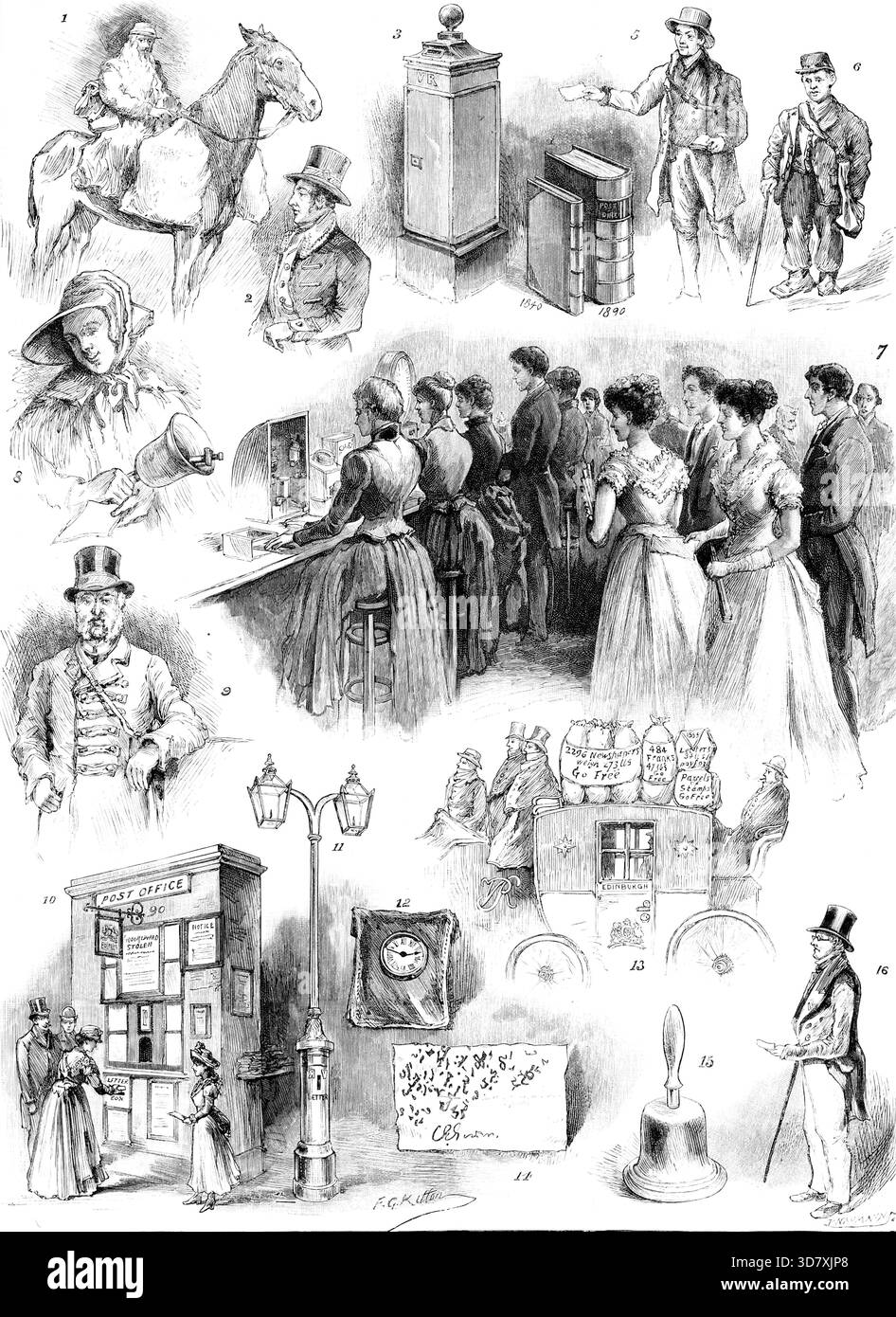 La Penny Postage Jubilee Celebration a Guildhall: Mostra di reliquie e ritratti dell'ufficio postale, 1890. « 1. Il defunto Hubert Paton, un mail-driver, apparso dopo la terribile tempesta di neve del 1 marzo 1886. 2) un uomo delle poste di Manchester in livrea ufficiale, prima della riforma postale di Penny. 3) la cassetta delle lettere del primo pilastro, 1855. 4) London Postal Directories, 1840-1800. 5) l'unico Postman a Newcastle-on-Tyne, 1824. 6) Heber Dale (altezza 4 piedi, età 51 anni), l'uomo più corto del servizio postale, 1883. 7) gli ospiti del sindaco che guardano le operazioni telegrafiche alla Guildhall. 8, una lettera-donna, con Foto Stock