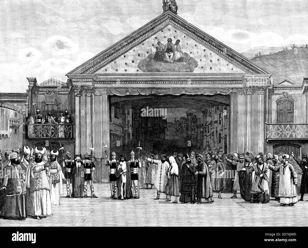 La rappresentazione della passione a Ober-Ammergau, Baviera: Cristo prima di Pilato, 1890. Davanti a noi c'è un grande palcoscenico aperto al cielo, dietro c'è un palcoscenico più piccolo, davanti al quale è appeso un sipario. Sulla destra c'è la casa di Annas, il sommo sacerdote; sulla sinistra, la casa di Pilato...accanto al palco c'è l'orchestra, composta interamente da contadini...metà del teatro - quella parte più vicina al palco - è senza tetto; e questo è occupato dai possessori di biglietti economici...coloro che desiderano essere disillusi un po' - coloro che si accorgerebbero che le mani dei Christos non sono effettivamente forate da chiodi - sarà Foto Stock