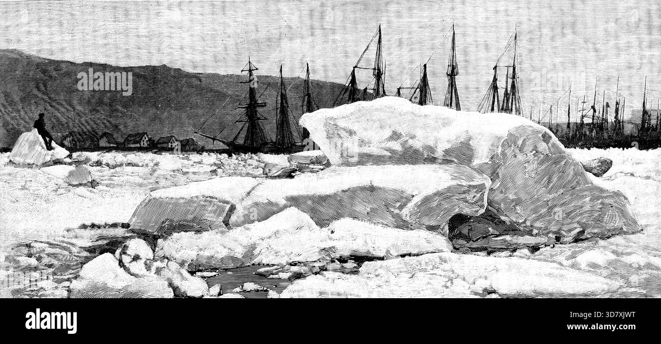 Schizzi a Terranova: Inizio primavera a St. John's Harbour, 1890. "L'isola scoperta nel 1497 dal mercante di Bristol Sebastian Cabot... e colonizzata da diversi gruppi di avventurieri inglesi nei secoli XVI e XVII, si trova vicino alla costa sud-orientale del Labrador, all'ingresso del Golfo di San Lorenzo... gli abitanti hanno dedicato la loro attenzione principalmente alla pesca del merluzzo, che viene praticata principalmente nell'Atlantico aperto, sulle vaste banchine chiamate Banks of Newfoundland, estendendo sei o sette miglia a sud-est dell'isola. e 250 miglia di larghezza: th Foto Stock