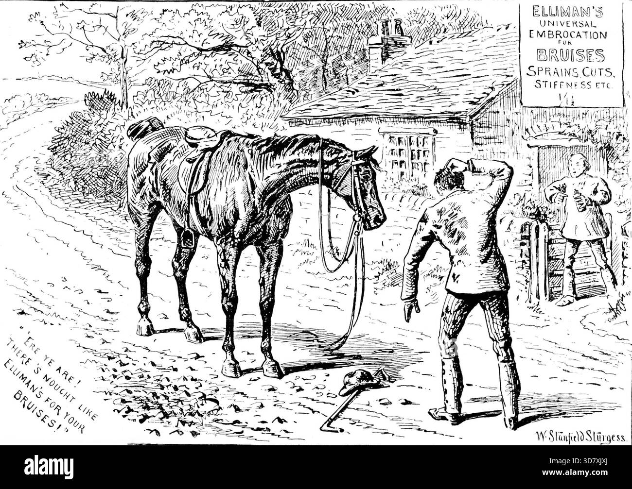 Pubblicità per Elliman's Universal Embrocation, 1890. Un uomo si precipita in avanti con una bottiglia di sfregamento muscolare per un cavaliere ferito che è caduto dal suo cavallo. ''''ERE YE ARE! NON C'è NIENTE DI SIMILE A QUELLO DI ELLIMAN PER I LIVIDI!"...DOLORI e DOLORI...reumatismi...lumbago...spruzzi...tagli...lividi...mal di gola dai raffreddori...rigidità...USO UMANO". Elliman's vendeva due prodotti - "Universal Embrocation" per gli esseri umani e "Royal Embrocation" per gli animali - ma presumibilmente non c'era differenza tra i due, a parte l'imballaggio. Da "Illustrated London News", 1890. Foto Stock