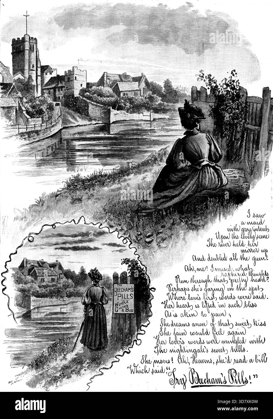 Pubblicità per Beecham's Pills, 1890. "Ho visto una cameriera con lo sguardo intento, sulla bella scena. Il fiume teneva il suo specchio in alto e raddoppiava tutto il verde. Ah, io! Ho maltrattato, quali pensieri rapiti attraversano quella bella testa? Forse sta guardando il punto in cui sono state dette le prime parole d'amore. Il suo cuore è sollevato in una beatitudine simile al dolore; lei sogna anon di quel dolce bacio che lei fain sentirebbe di nuovo. Le parole del suo amante si mescolarono con i dolci trilli di nightingale. Si muove! Ah, Heavens, aveva letto un disegno di legge che diceva: "Prova Beecham's Pills! [- vale una Guinea a Box]"." Da "io Foto Stock