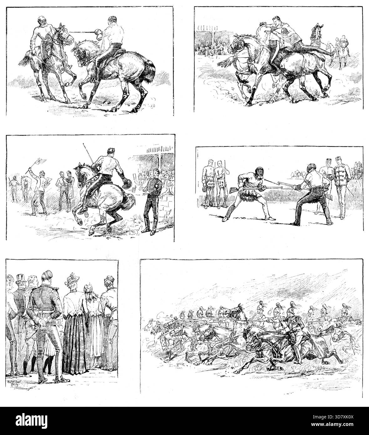 Schizzi al Royal Military Tournament, Agricultural Hall, Islington [a Londra], 1890. "Scherma a cavallo; lotta a cavallo; salutare il vincitore; scherma a baionetta; spettatori; carica di 1st Life Guards...l'undicesimo torneo militare annuale è stato aperto da sua altezza reale la Duchessa di Albany mercoledì 18 giugno, l'anniversario della battaglia di Waterloo...alcune prodezze di abilità, tra cui la decapitazione di teste finte montate su pali, colpite dalle spade dei soldati a cavallo al galoppo pieno intorno all'arena, taglio del limone, inclinazione sul ring, e tenda pegging, erano perversi Foto Stock