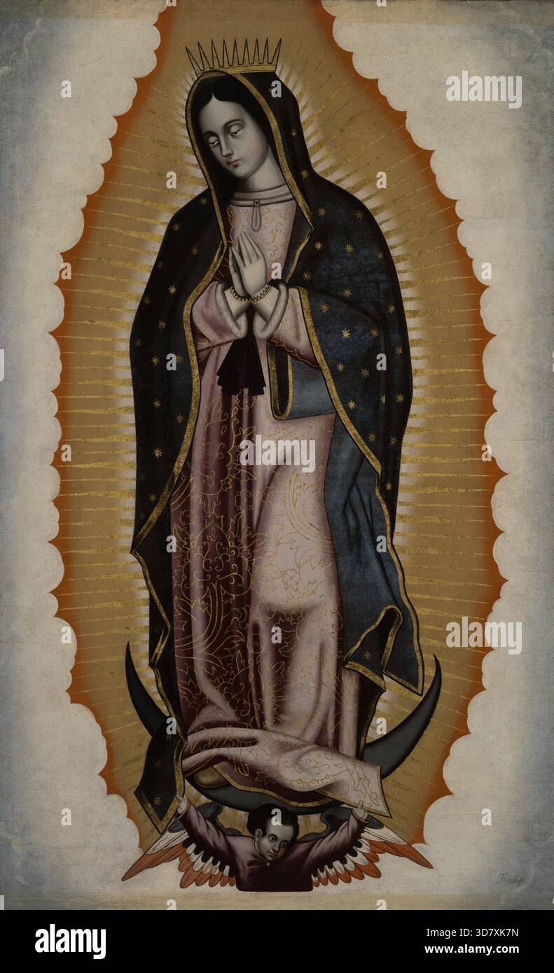 La Vergine di Guadalupe, XVII secolo. Nostra Signora di Guadalupe è un titolo cattolico della Vergine Maria associato a quattro apparizioni mariane al contadino nahua Juan Diego Cuauhtlatoatzin e uno a suo zio, Juan Bernardino riportato nel dicembre 1531, quando i territori messicani facevano parte dell'Impero spagnolo. Si dice che l'immagine della Vergine sia stata miracolosamente impressa sul mantello di Juan Diego come prova dell'autenticità delle apparizioni. Foto Stock