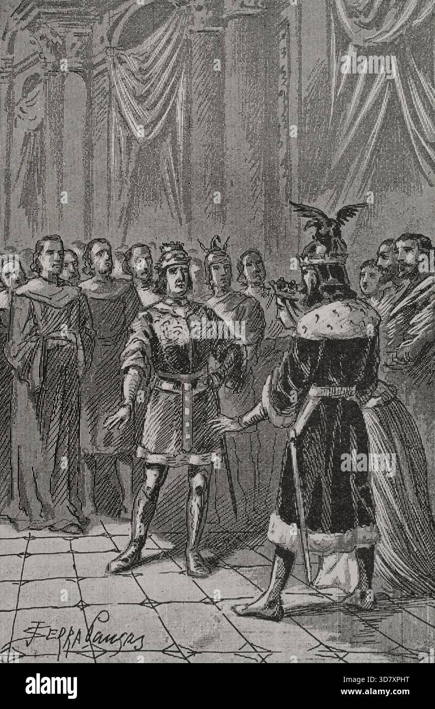 Conferenze tenutesi a Vitoria nel 1476 (1890). Vi parteciparono i re Giovanni II d'Aragona (1398-1479) e Ferdinando V di Castiglia (1452-1516). Doñun Leonor (1426-1479) prese parte a loro nel tentativo di impedire la penetrazione francese della Navarra. Da "Glorias Españolas" (Glorie di Spagna), Vol II, pubblicato a Barcellona, 1890. Foto Stock