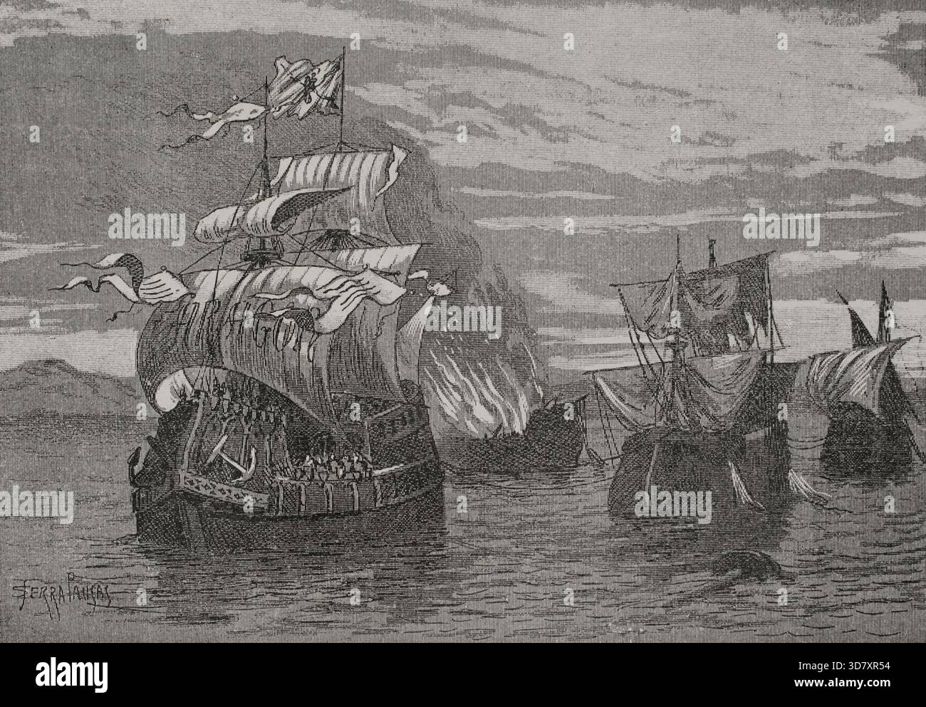 Battaglia navale di Sant Feliu de GUíxols, 1285, (1890). Roger de Lauria (1245-1305) prese parte ad una battaglia nelle acque di Sant Feliu de GUíxols, sconfiggendo la flotta francese. La presenza della flotta francese rappresentò una minaccia costante per il porto di Barcellona. Nella notte tra il 3 e il 4 settembre 1285, Roger de Lauria (1245-1305) prese parte ad una battaglia nelle acque di Sant Feliu de Guixols, sconfiggendo la flotta francese. Da "Glorias Españolas" (Glorie di Spagna), Vol II, pubblicato a Barcellona, 1890. Foto Stock