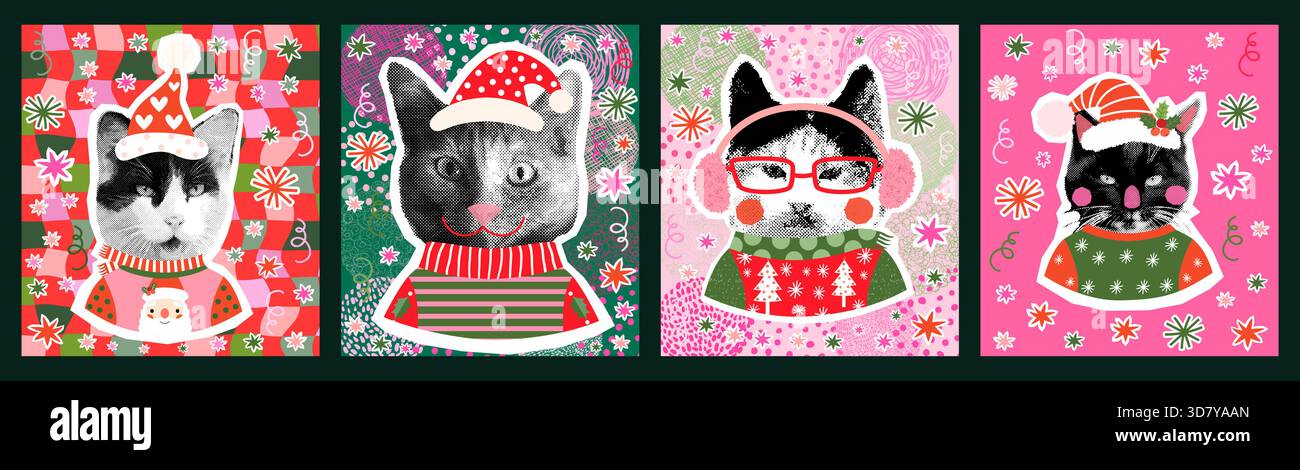 Divertenti biglietti di auguri vettoriali di Natale con gatti hipster collage con maglioni, cappelli e sciarpe per un design grafico natalizio Illustrazione Vettoriale