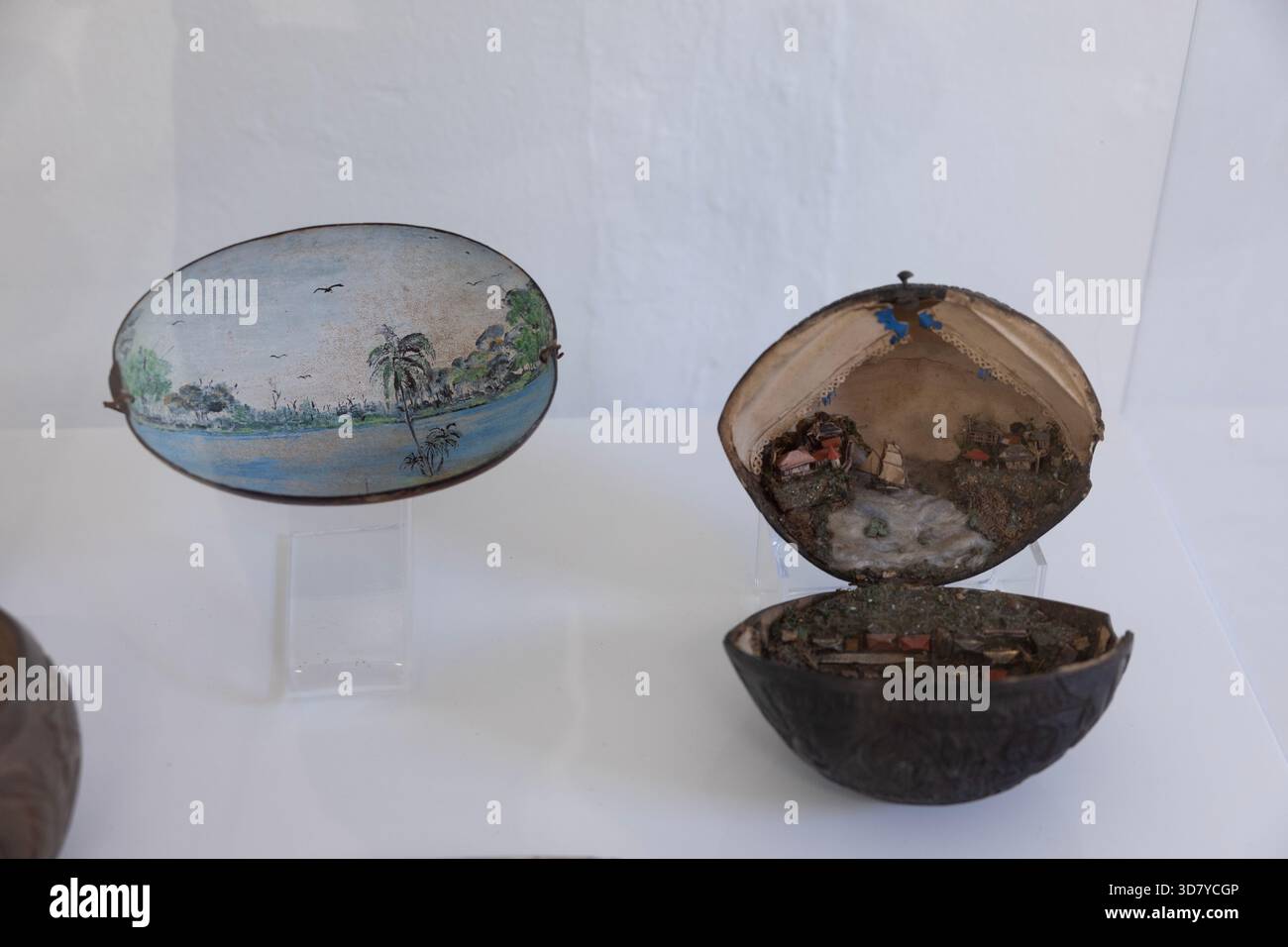 Conchiglie di cocco decorate in mostra al Museo culturale Guyanese francese di Cayenne, Guyana francese, un dipartimento della Francia in Sud America. Foto Stock