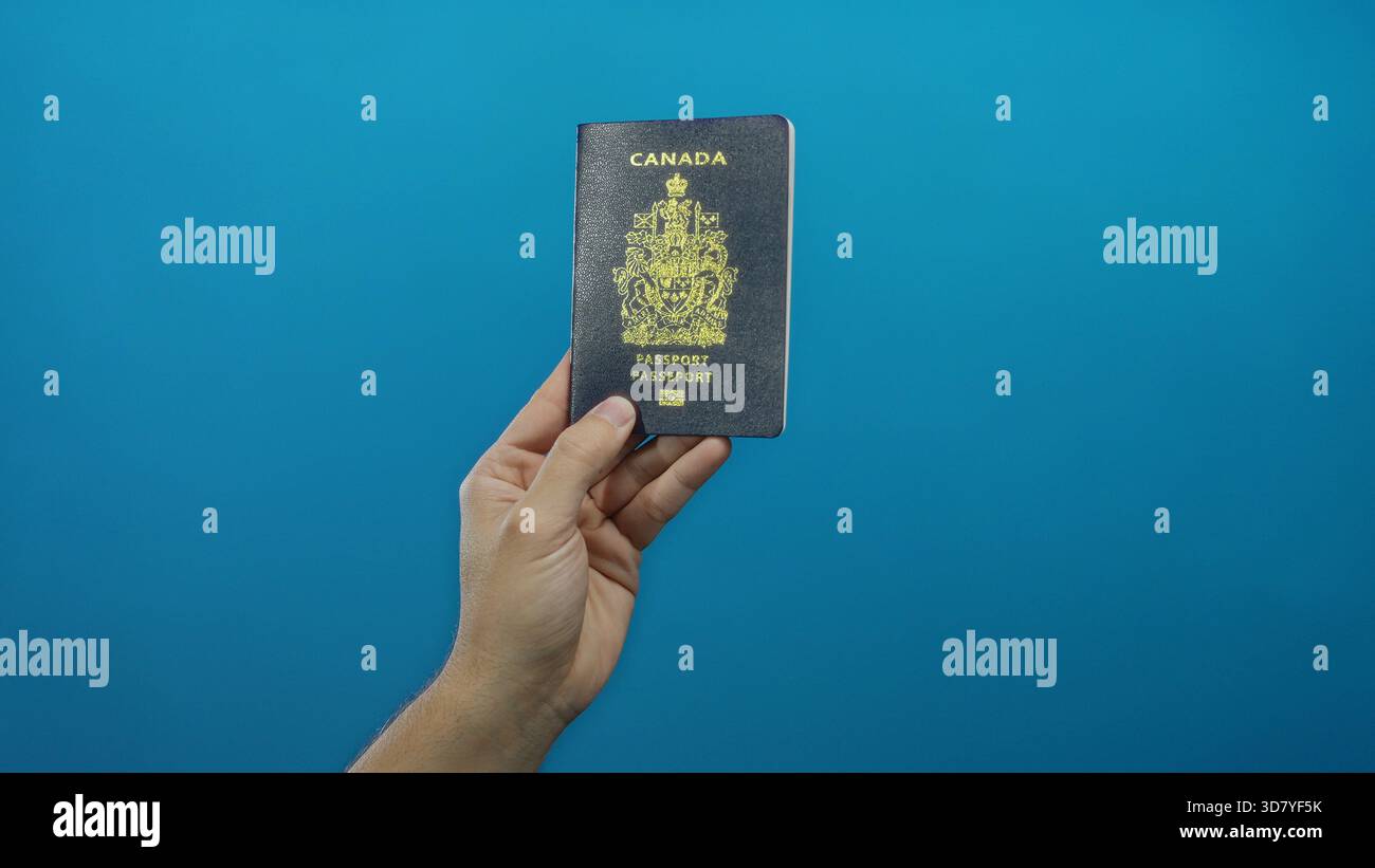 Uomo che ha un passaporto canadese contro un muro blu, che mostra l'identità di viaggio in un ambiente isolato, sottolineando il documento e la mano che tiene Foto Stock