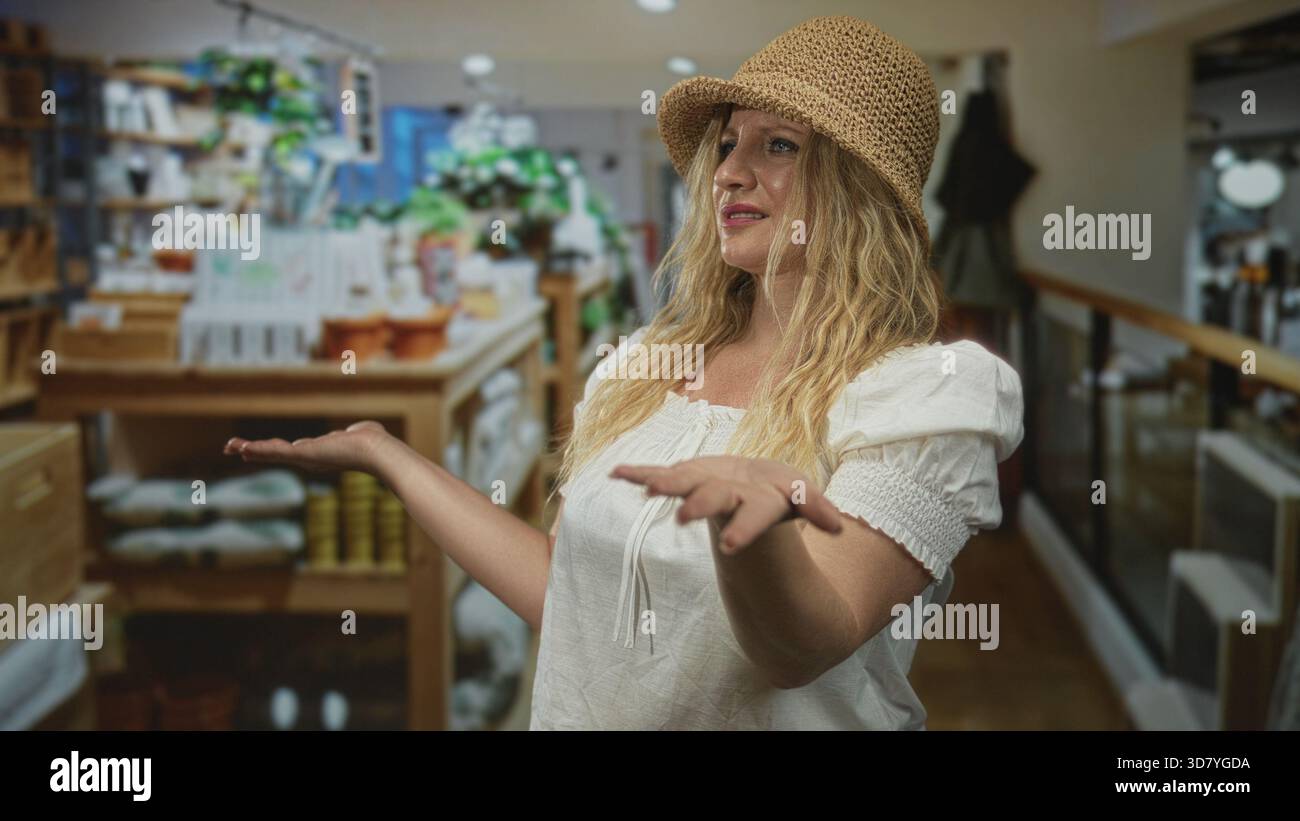 La donna mette in risalto i gesti in un negozio di arredamento, cappello di paglia e camicetta bianca, apri le mani verso scaffali e banchi mentre parla con la fotocamera; con Foto Stock