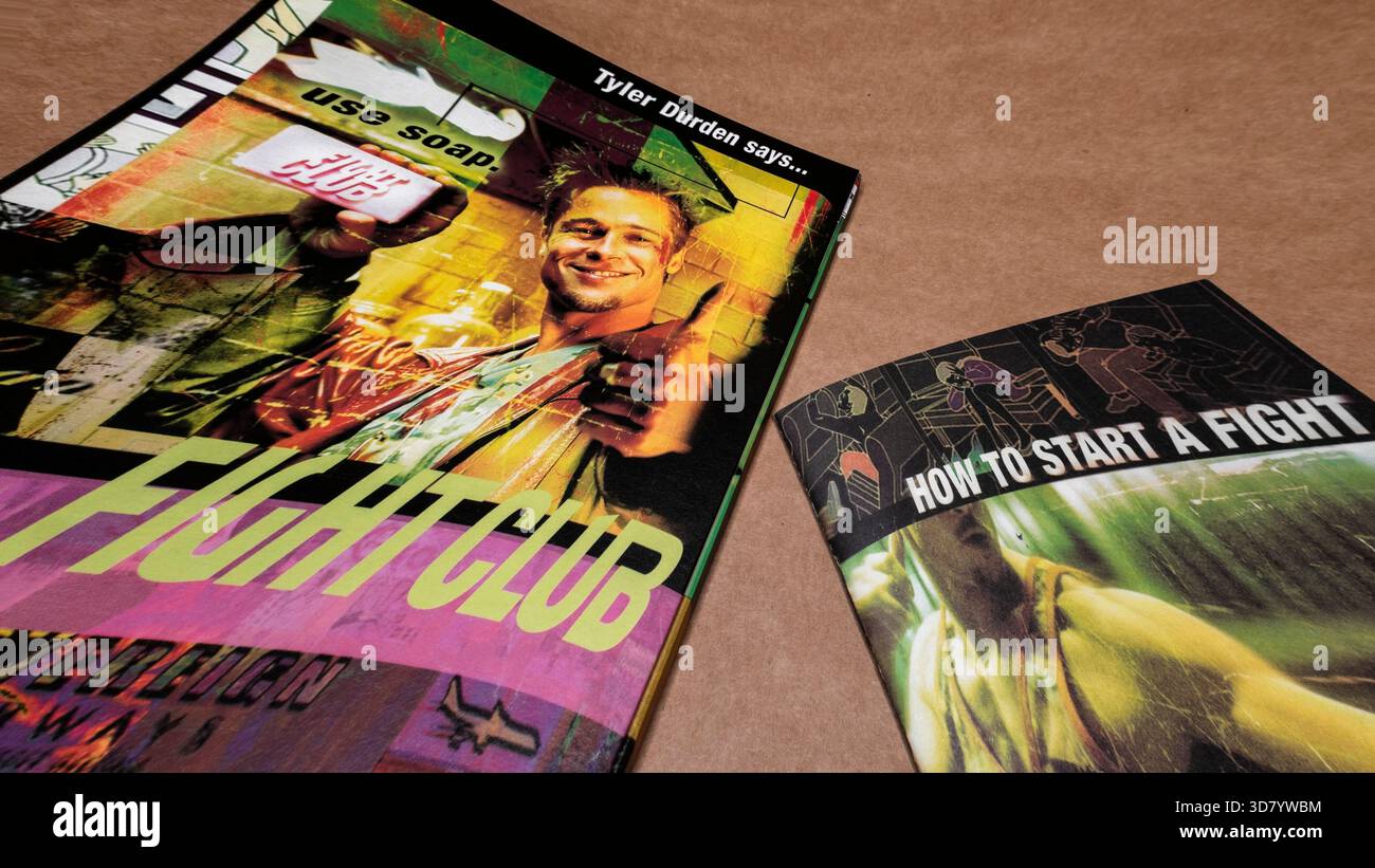 Film "Fight Club"; edizione DVD; copertina e opuscolo; effetto zoom; isolato su sfondo bianco chiaro; ripresa dall'angolo superiore. Foto Stock