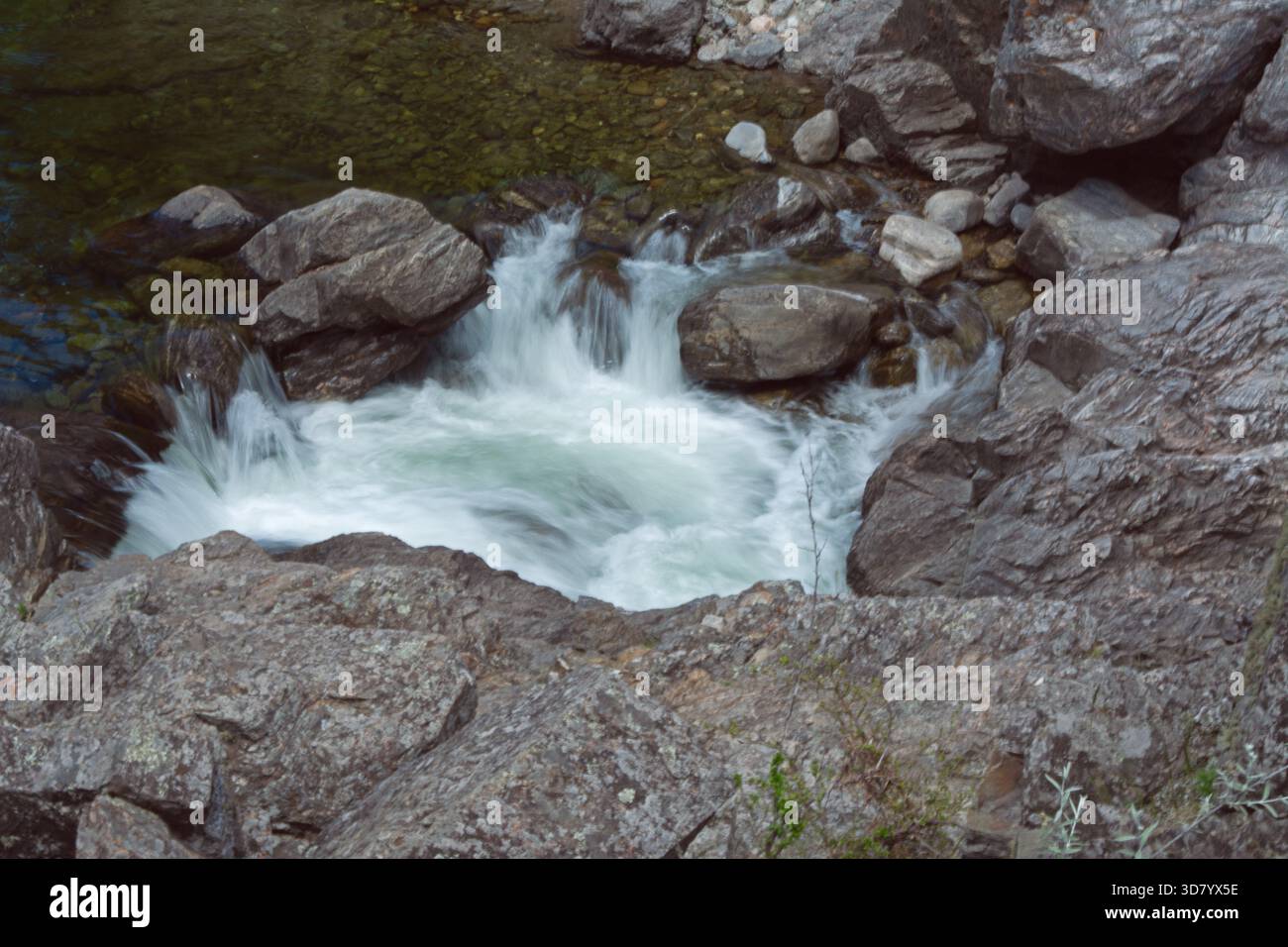 Tiro medio di un torrente di montagna circondato da rocce e cespugli. L'acqua scorre rapidamente e sembra offuscata dalla lunga esposizione. Foto Stock