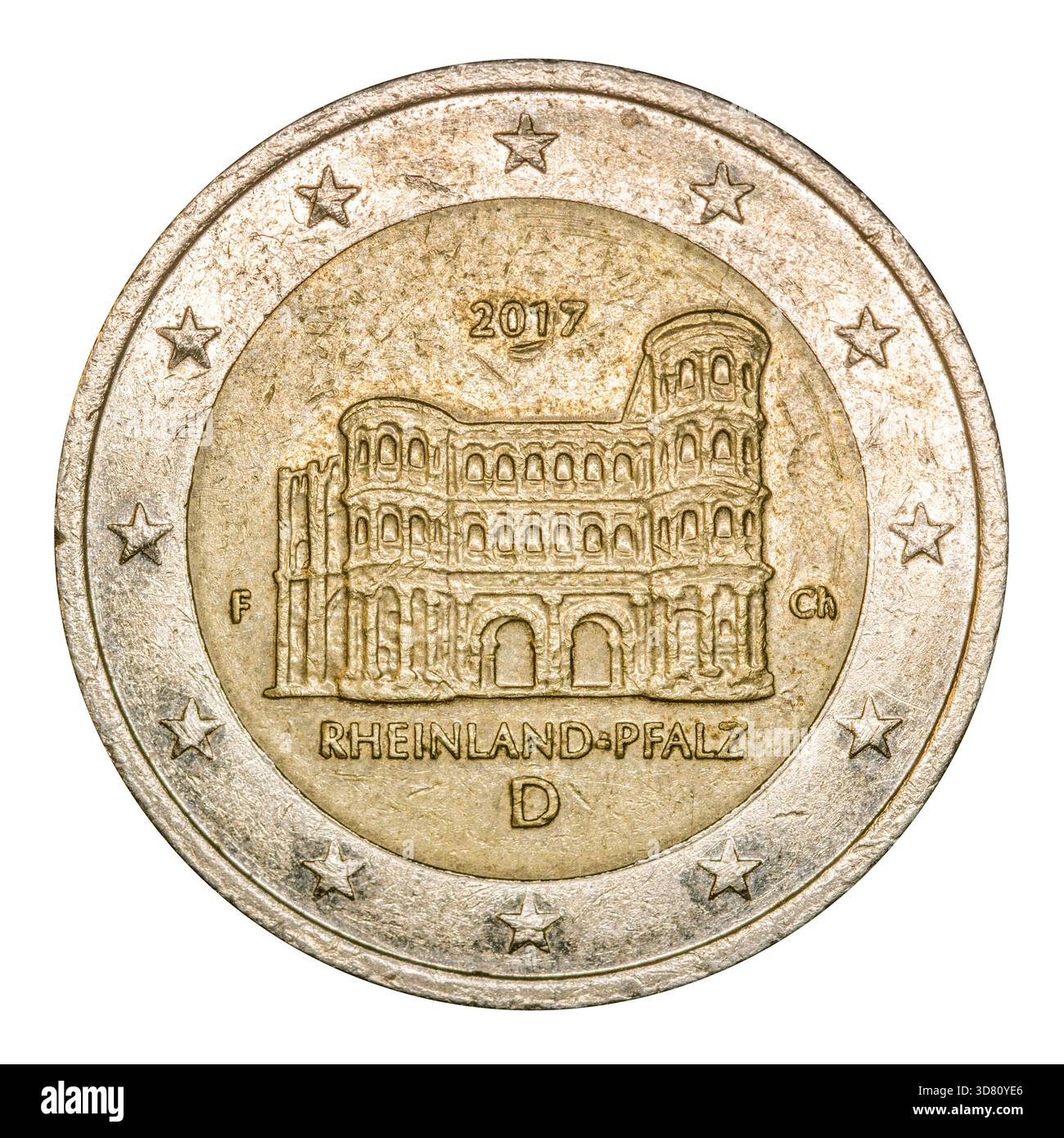 Porta Nigra su una moneta da 2 euro, Germania, Treviri Foto Stock