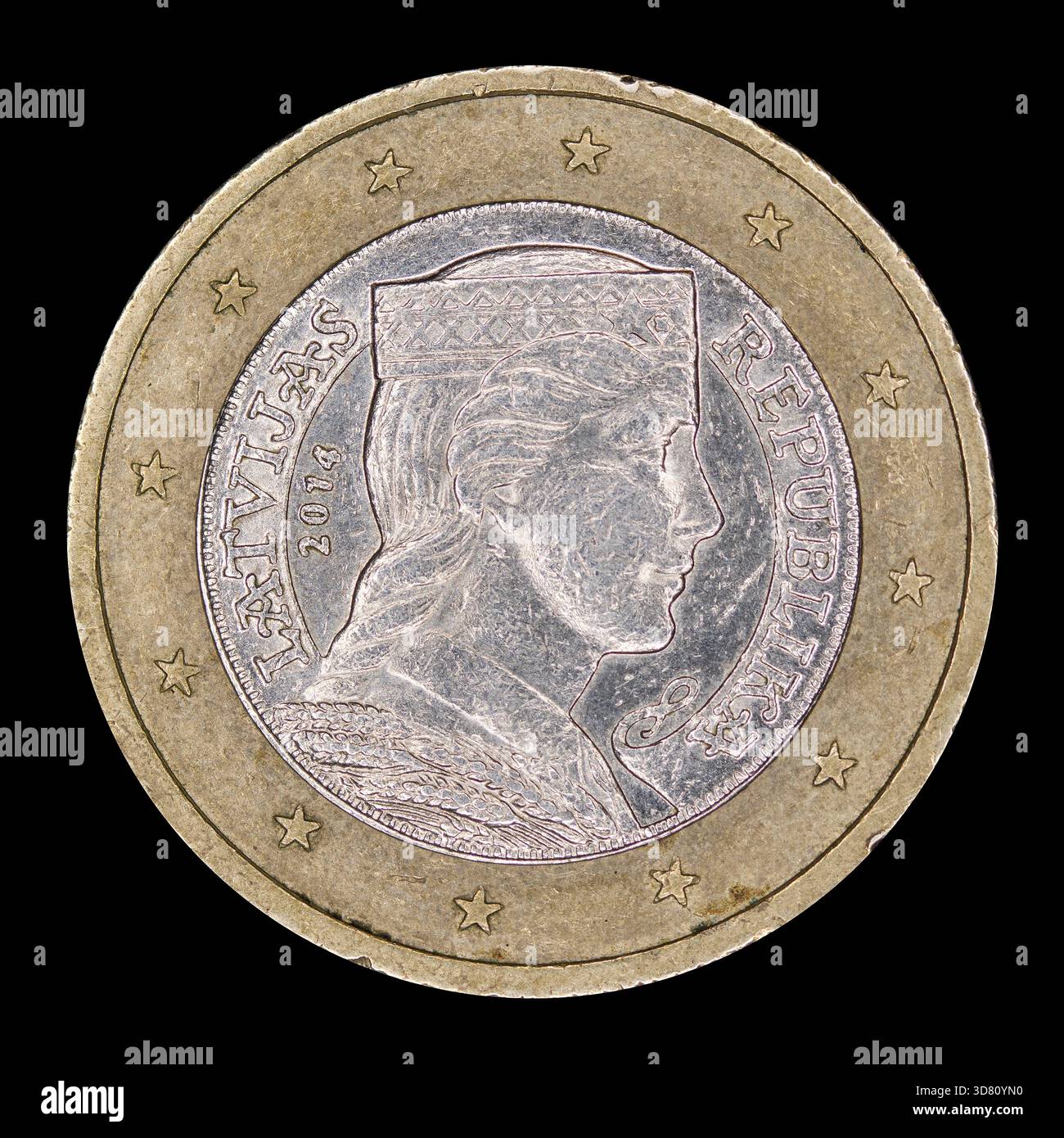 Moneta lettone da 1 euro con l'allegoria nazionale Milda, Lettonia Foto Stock