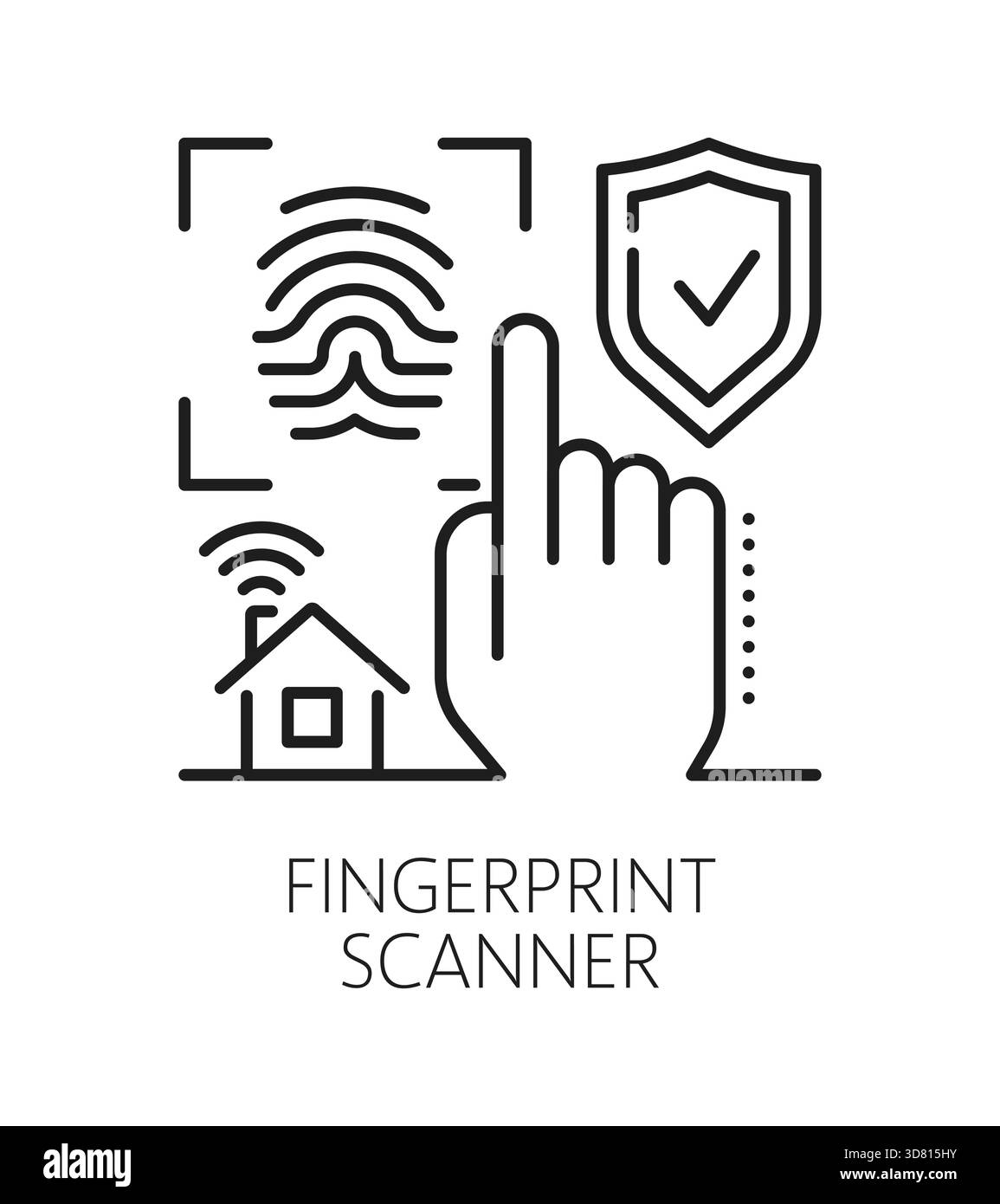 Icona o pittogramma della linea del dispositivo di sicurezza domestica dello scanner di impronte digitali. Pittogramma vettoriale della linea dell'attrezzatura di protezione, simbolo dell'elettronica di sicurezza. Icona del dispositivo di allarme con mano, impronta digitale e sensore biometrico Illustrazione Vettoriale