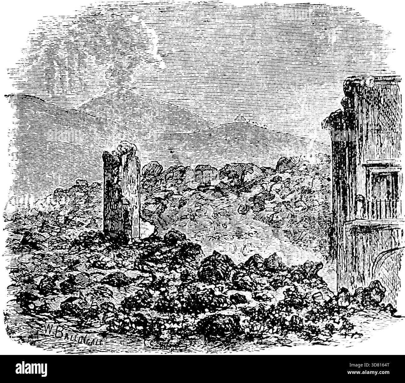 Case sepolte dalla lava del vulcano Vesuvio, fumo, eruzione, flusso lavico, calamità naturali, geologia, Golfo di Napoli, Campania, Italia, viaggi, suo Foto Stock