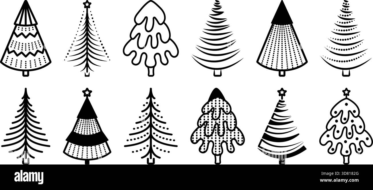 Set di icone vettoriali dell'albero di Natale con linea nera. Insegne monocromatiche invernali. Vari tipi di abete, abete rosso, pino con motivi decorativi. Clipa di conifere Illustrazione Vettoriale