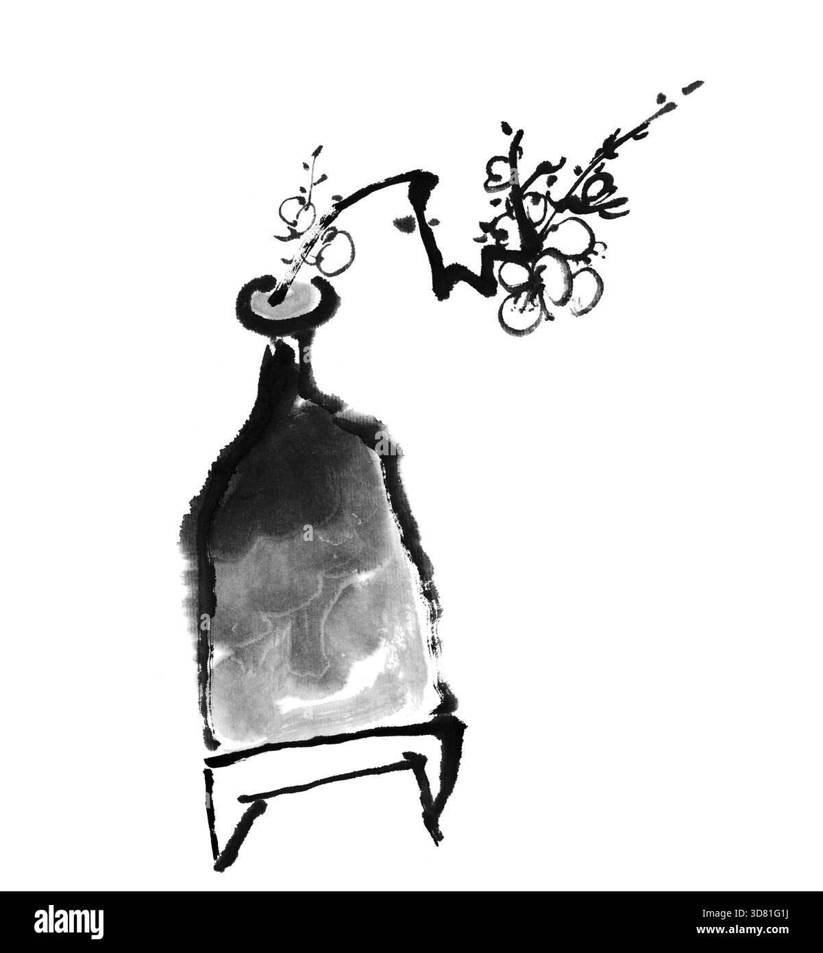 Pittura cinese di fiori, prugna in vaso, su sfondo bianco Foto Stock