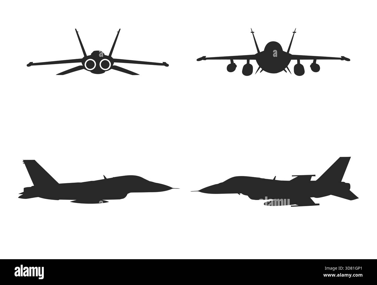 Sagome di quattro diversi jet da caccia in volo Illustrazione Vettoriale